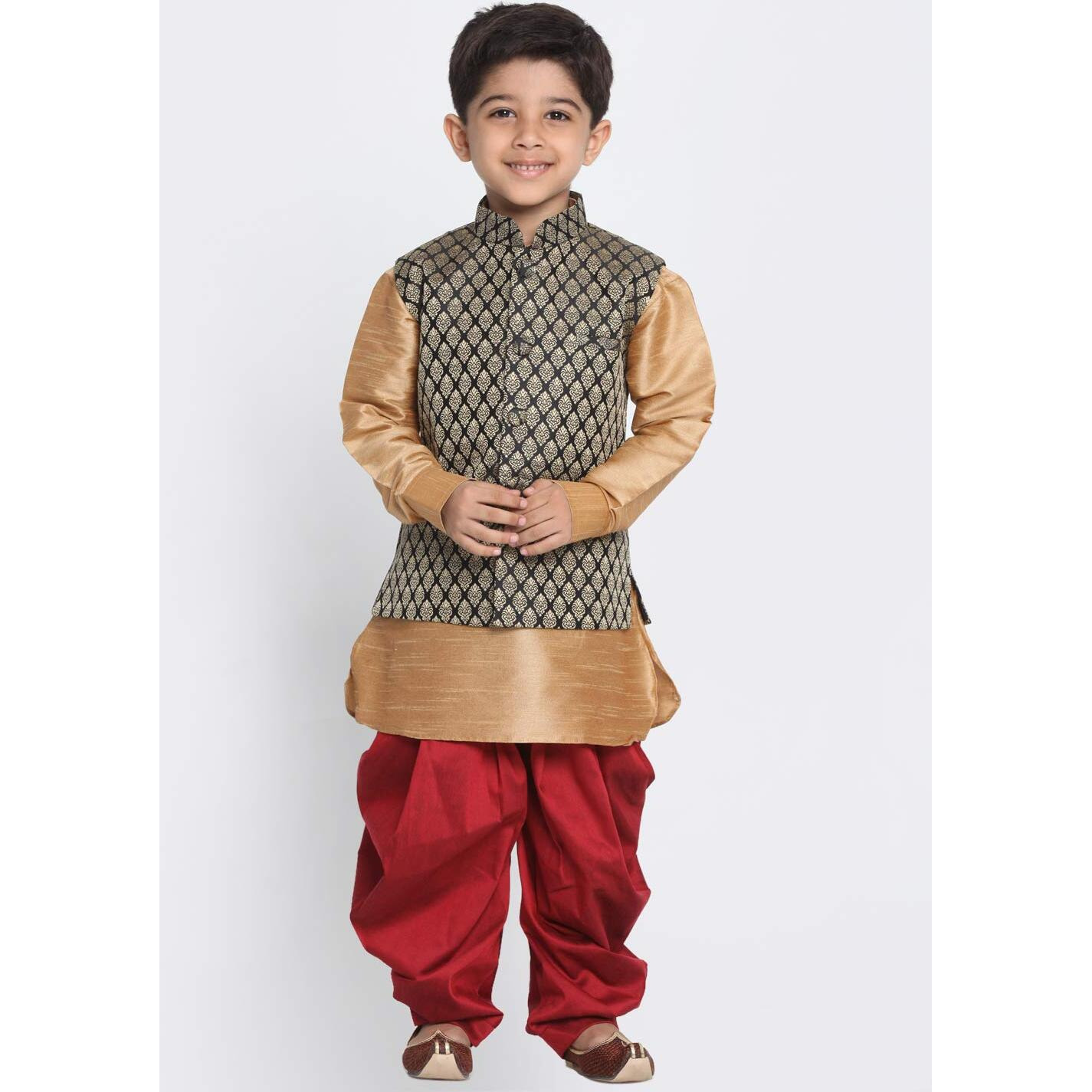 JBN Creation Boys Silk Blend Rose Gold and Black Kurta dhoti Jacket Set - Ethnic Elegance for Festivals_VASnBJ005BLnBUK001RGnCDMA_36