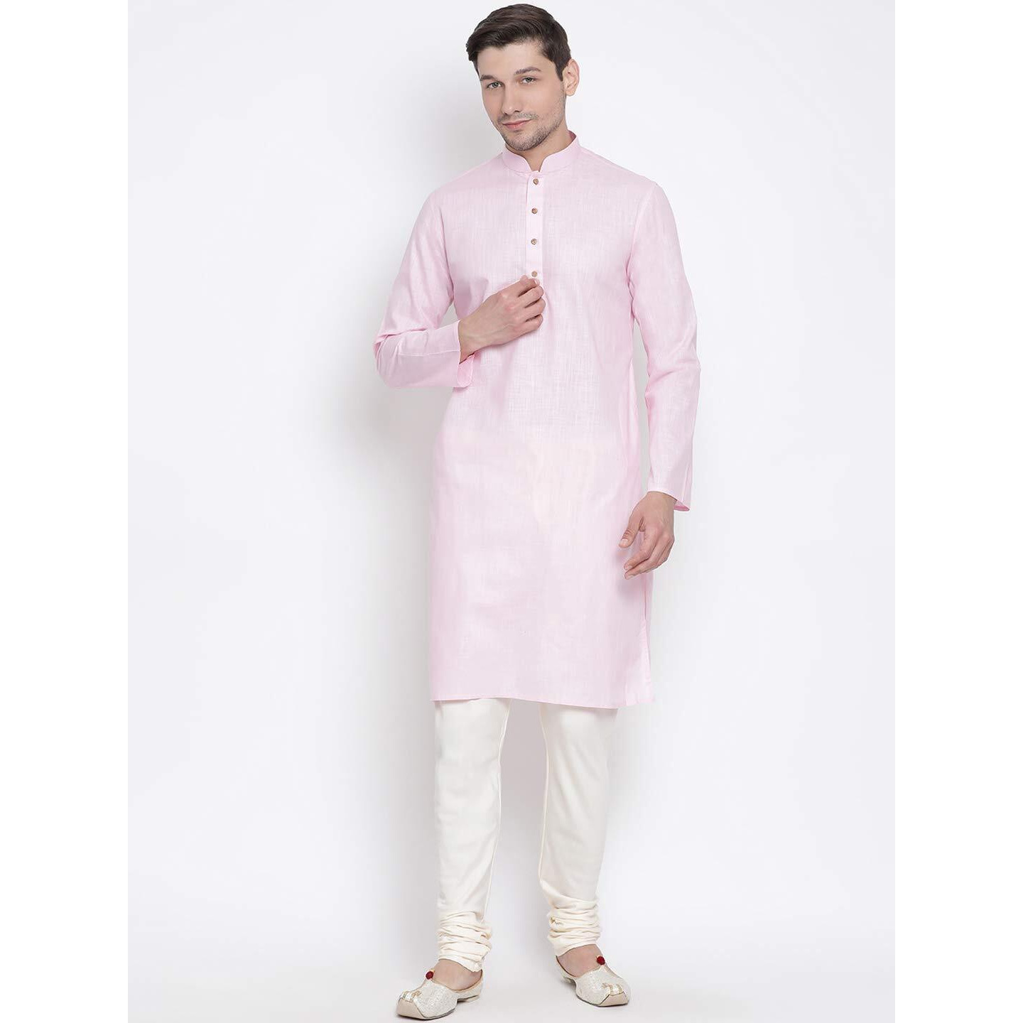 VASTRAMAY Men's Pink Cotton Linen Blend Kurta Pyjama Set_VASMK007PNnPLBCR_38