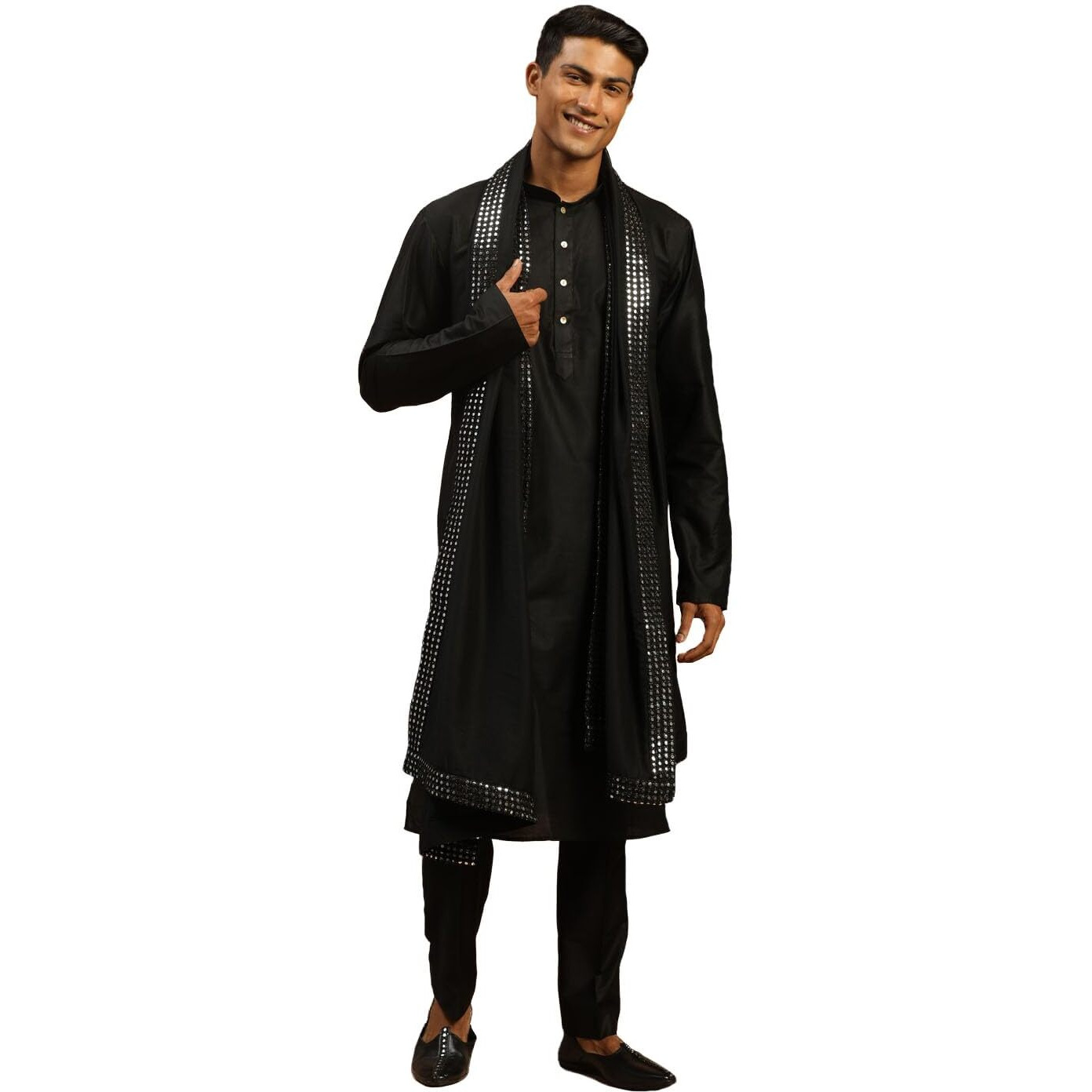 VASTRAMAY Men's Black Viscose Kurta, Pyjama & Dupatta Set | Solid Kurta And Pyjama Set on Fluid Viscose Fabric of Natural Yarn In Cream Color. Comes with Black Mirror work Dupatta.