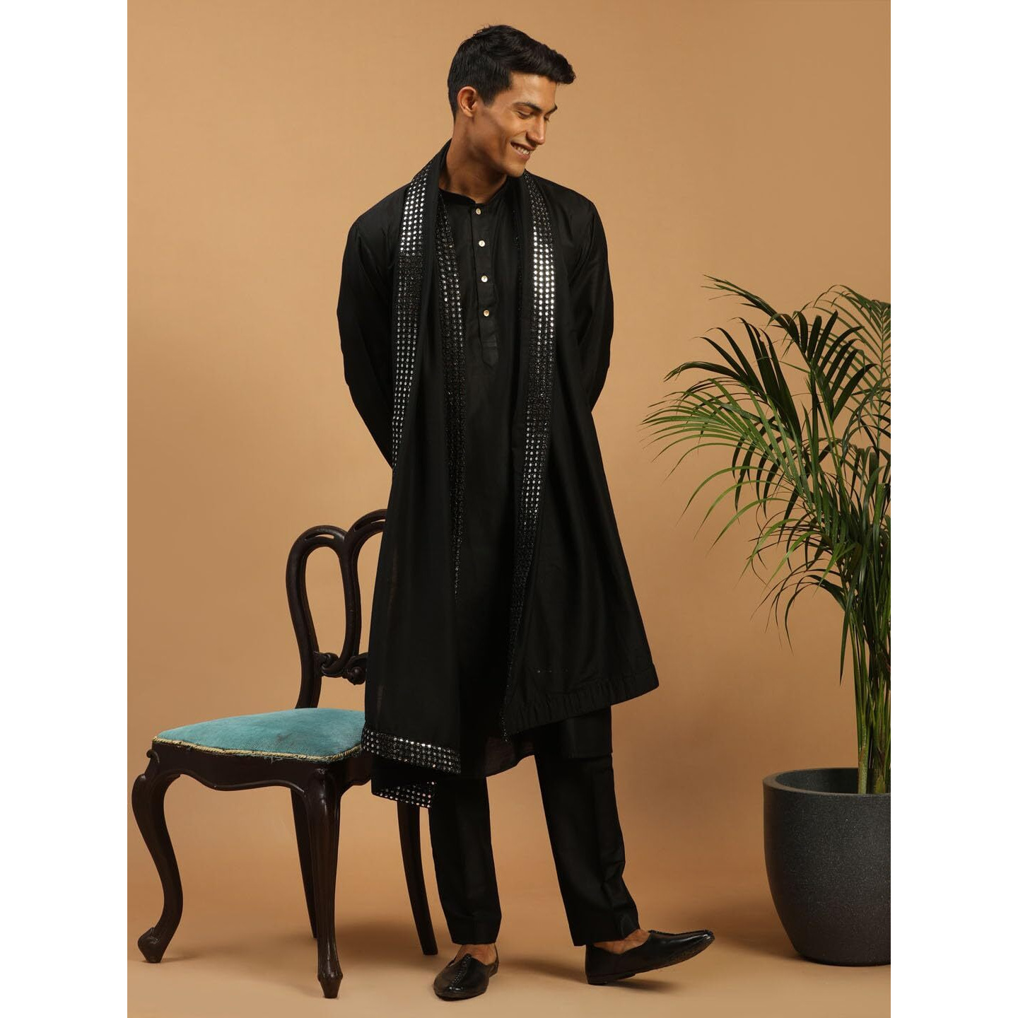 VASTRAMAY Men's Black Viscose Kurta, Pyjama & Dupatta Set | Solid Kurta And Pyjama Set on Fluid Viscose Fabric of Natural Yarn In Cream Color. Comes with Black Mirror work Dupatta.