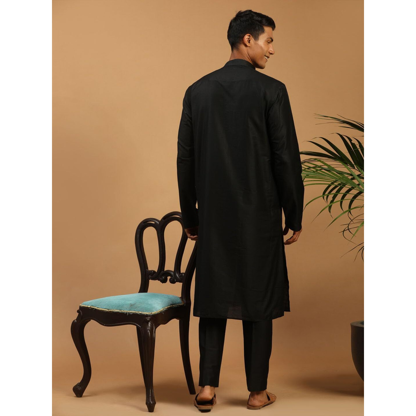 VASTRAMAY Men's Black Viscose Kurta, Pyjama & Dupatta Set | Solid Kurta And Pyjama Set on Fluid Viscose Fabric of Natural Yarn In Cream Color. Comes with Black Mirror work Dupatta.