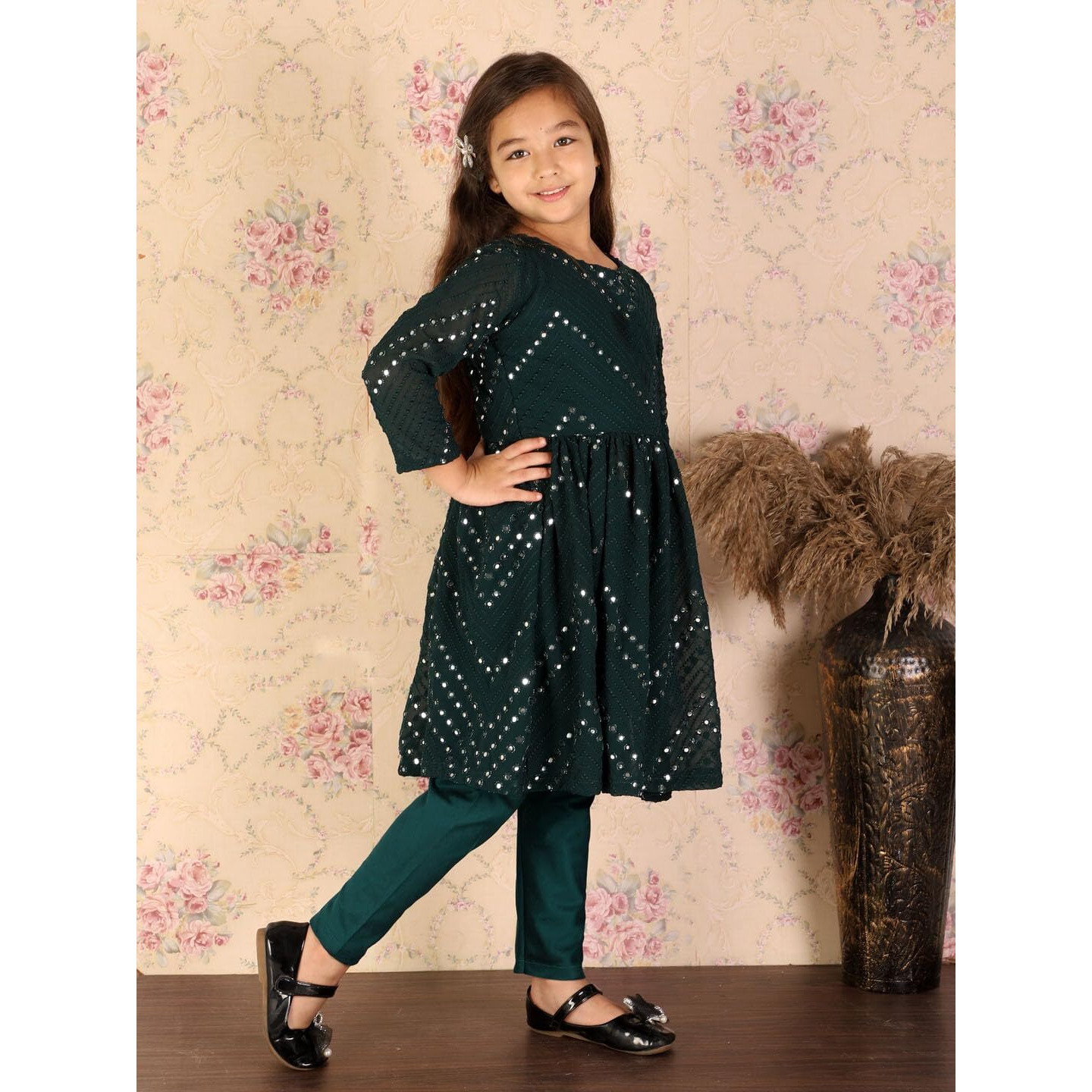 VASTRAMAY Girls' Handcrafted Georgette Kurta & Churidar Set  Mirror Work Embroidery, Gathered Waist & Button Closure