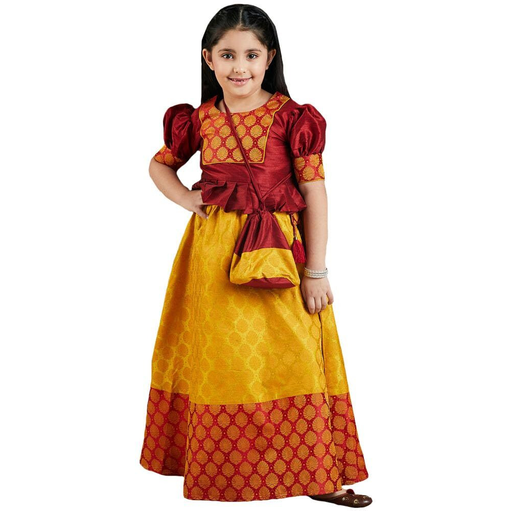 VASTRAMAY Girls' Mustard And Maroon Lehenga Set_VASGLC017YW_20