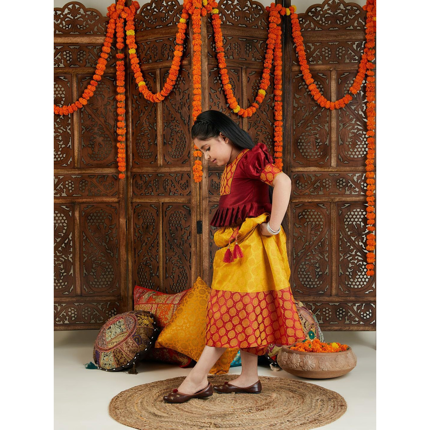 VASTRAMAY Girls' Mustard And Maroon Lehenga Set_VASGLC017YW_20
