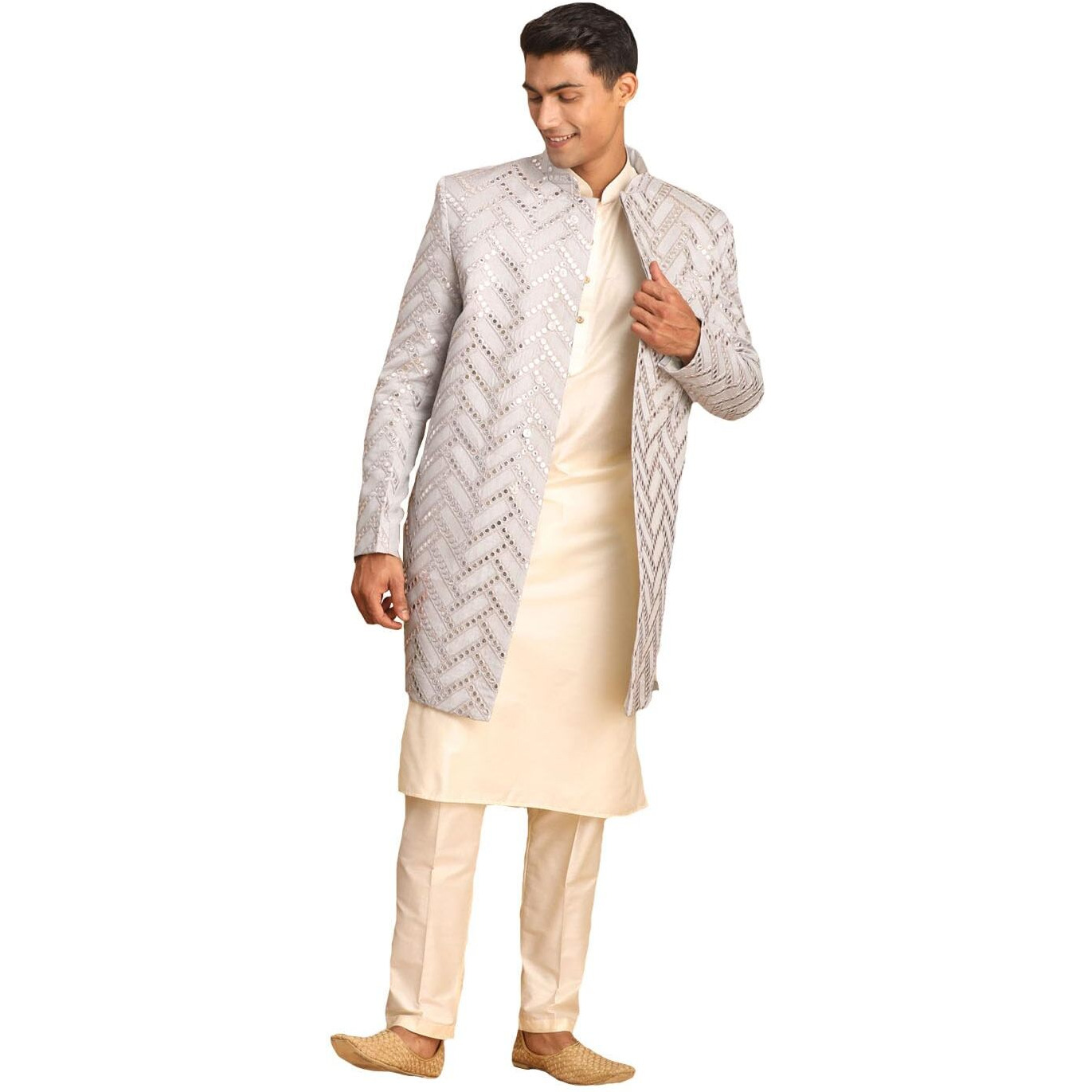 VASTRAMAY Men's Aqua And Cream Silk Blend Ethnic Combo Set | Trend setting Men's Indowestern Style Mirror Work Sherwani made of fancy fabric.This Set Contains Kurta And Pant Style Pyjama.