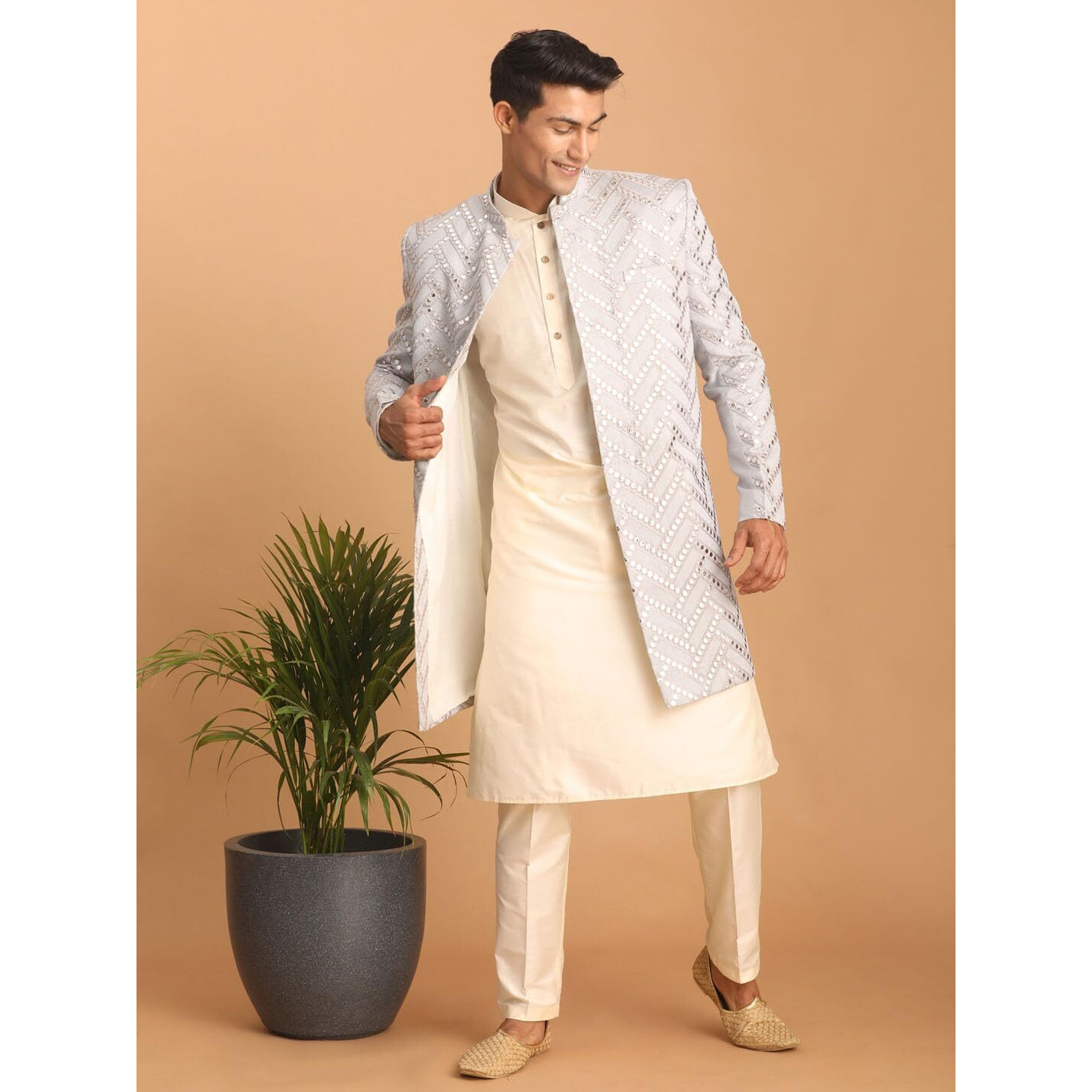 VASTRAMAY Men's Aqua And Cream Silk Blend Ethnic Combo Set | Trend setting Men's Indowestern Style Mirror Work Sherwani made of fancy fabric.This Set Contains Kurta And Pant Style Pyjama.