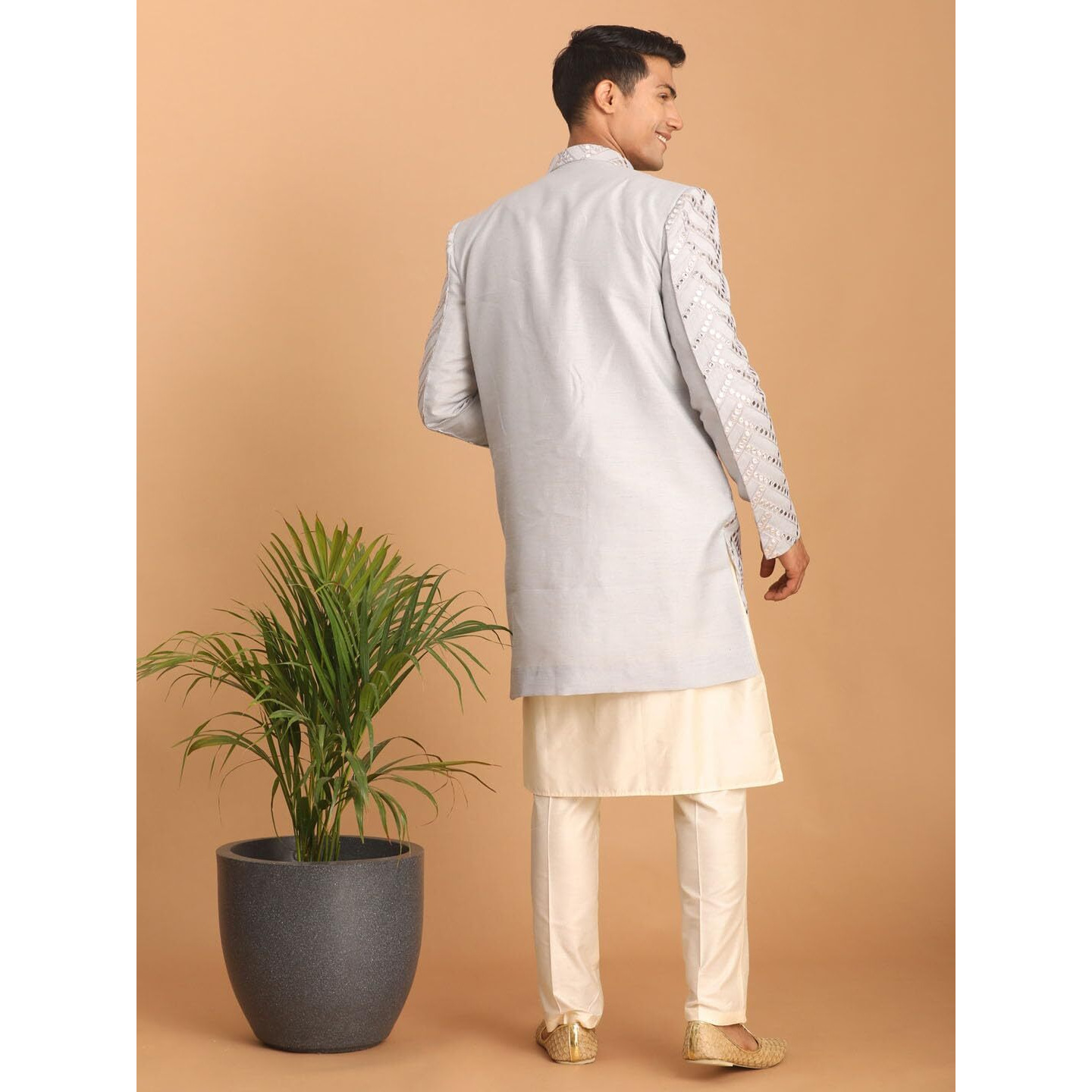 VASTRAMAY Men's Aqua And Cream Silk Blend Ethnic Combo Set | Trend setting Men's Indowestern Style Mirror Work Sherwani made of fancy fabric.This Set Contains Kurta And Pant Style Pyjama.
