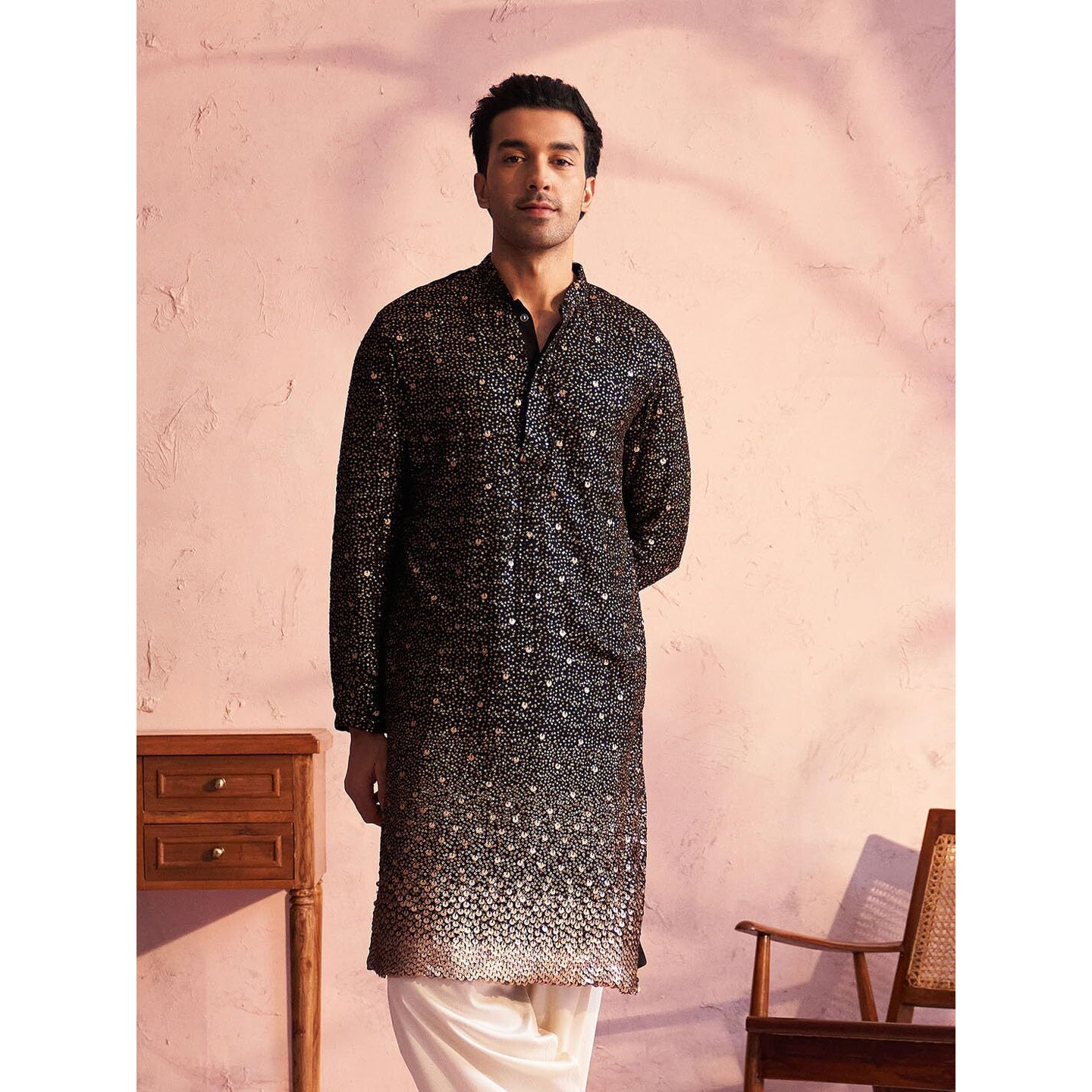 VASTRAMAY Men's Black Georgette Kurta_VSHRMK229BL_42