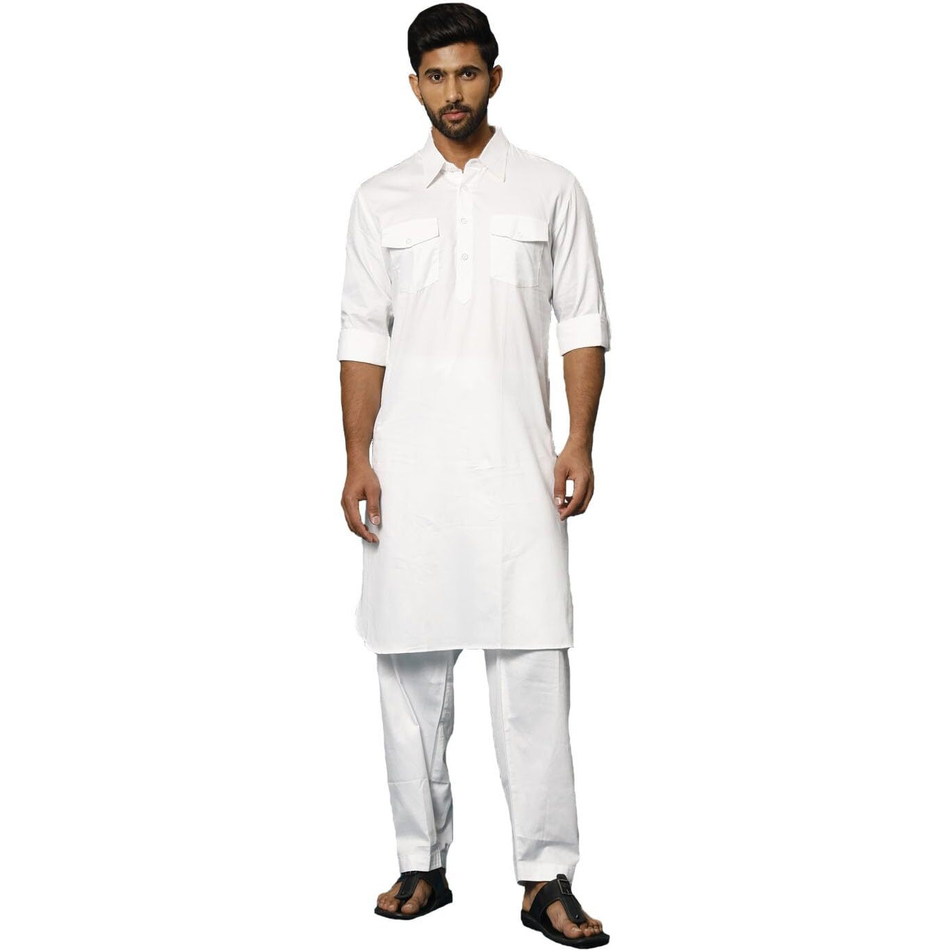 VASTRAMAY Men's White Cotton Blend Pathani Kurta Set_VASMPTWH009_44