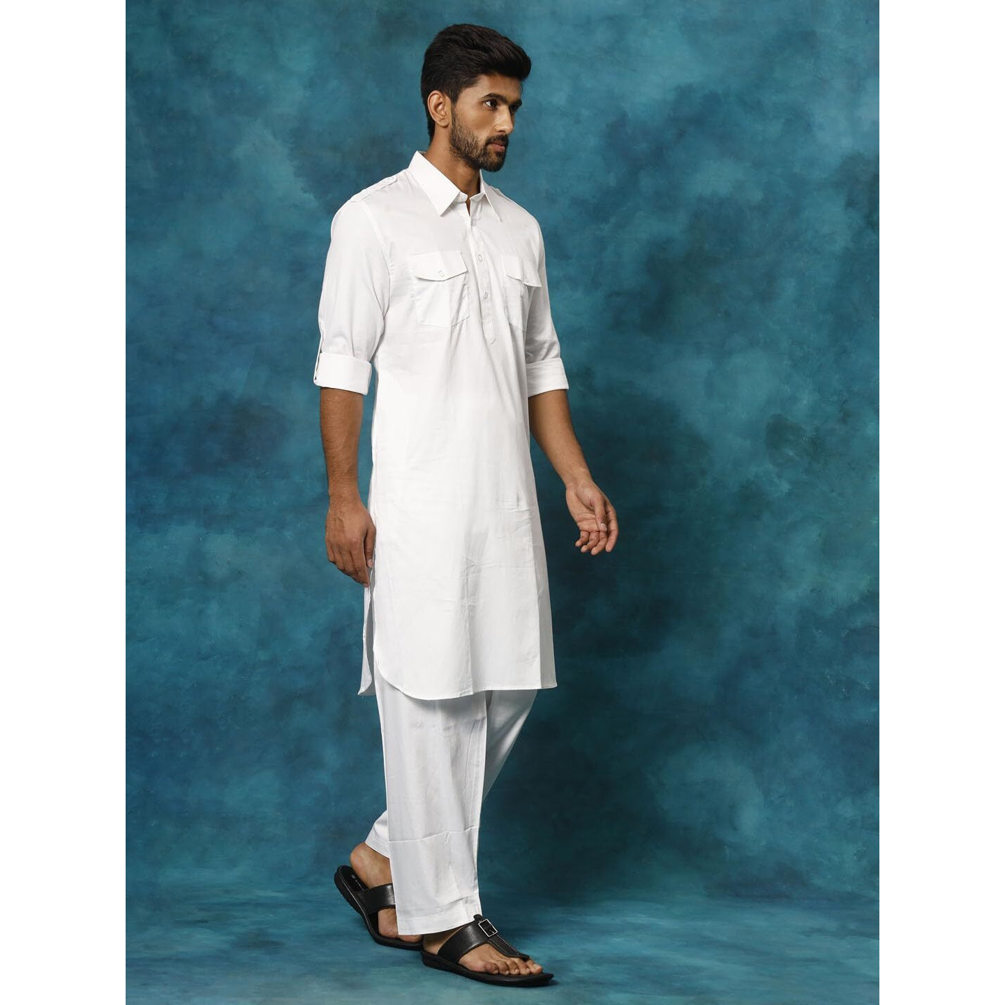 VASTRAMAY Men's White Cotton Blend Pathani Kurta Set_VASMPTWH009_44