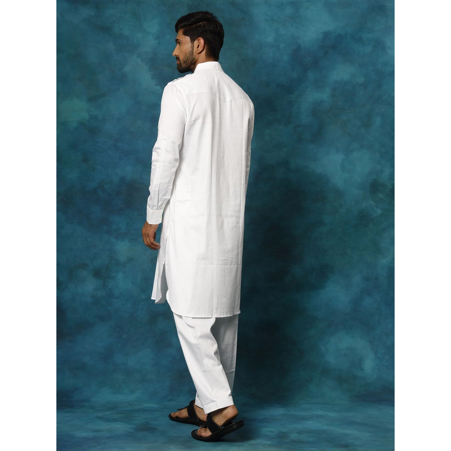 VASTRAMAY Men's White Cotton Blend Pathani Kurta Set_VASMPTWH009_44