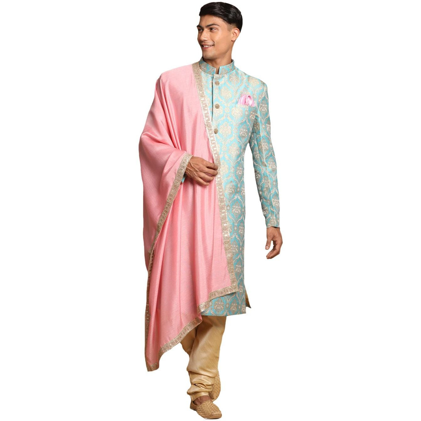 VASTRAMAY Men's Aqua, Pink And Gold Silk Blend Sherwani Set - A Set Of Brocade Sherwani And Pyjama With Dupatta