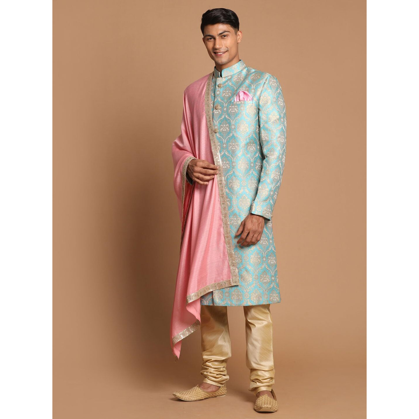 VASTRAMAY Men's Aqua, Pink And Gold Silk Blend Sherwani Set - A Set Of Brocade Sherwani And Pyjama With Dupatta