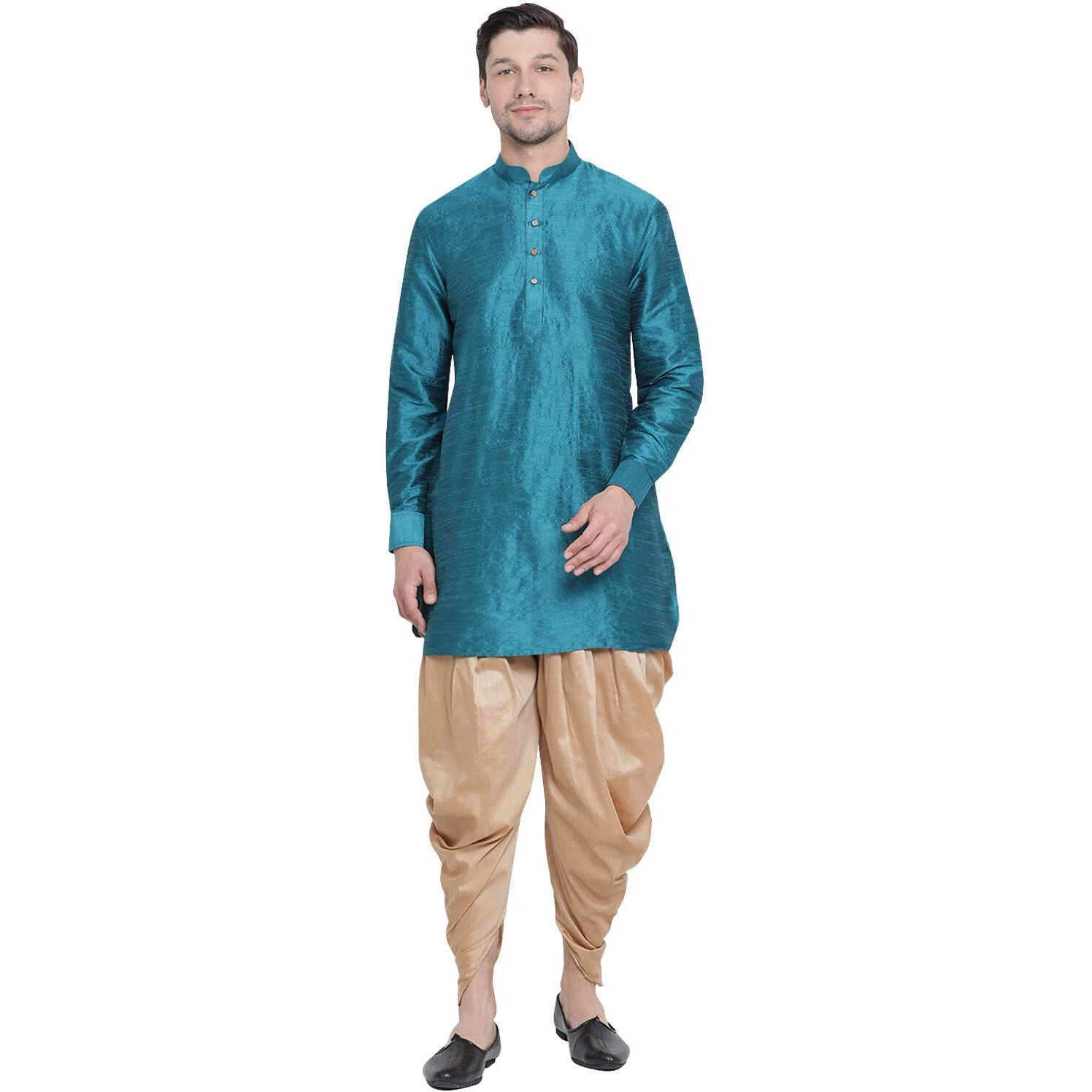 VASTRAMAY VM Mens Silk Blend Turquoise Kurta And Dhoti Set - Classic Ethnic Attire_VASMUK001TQnCDRG_38