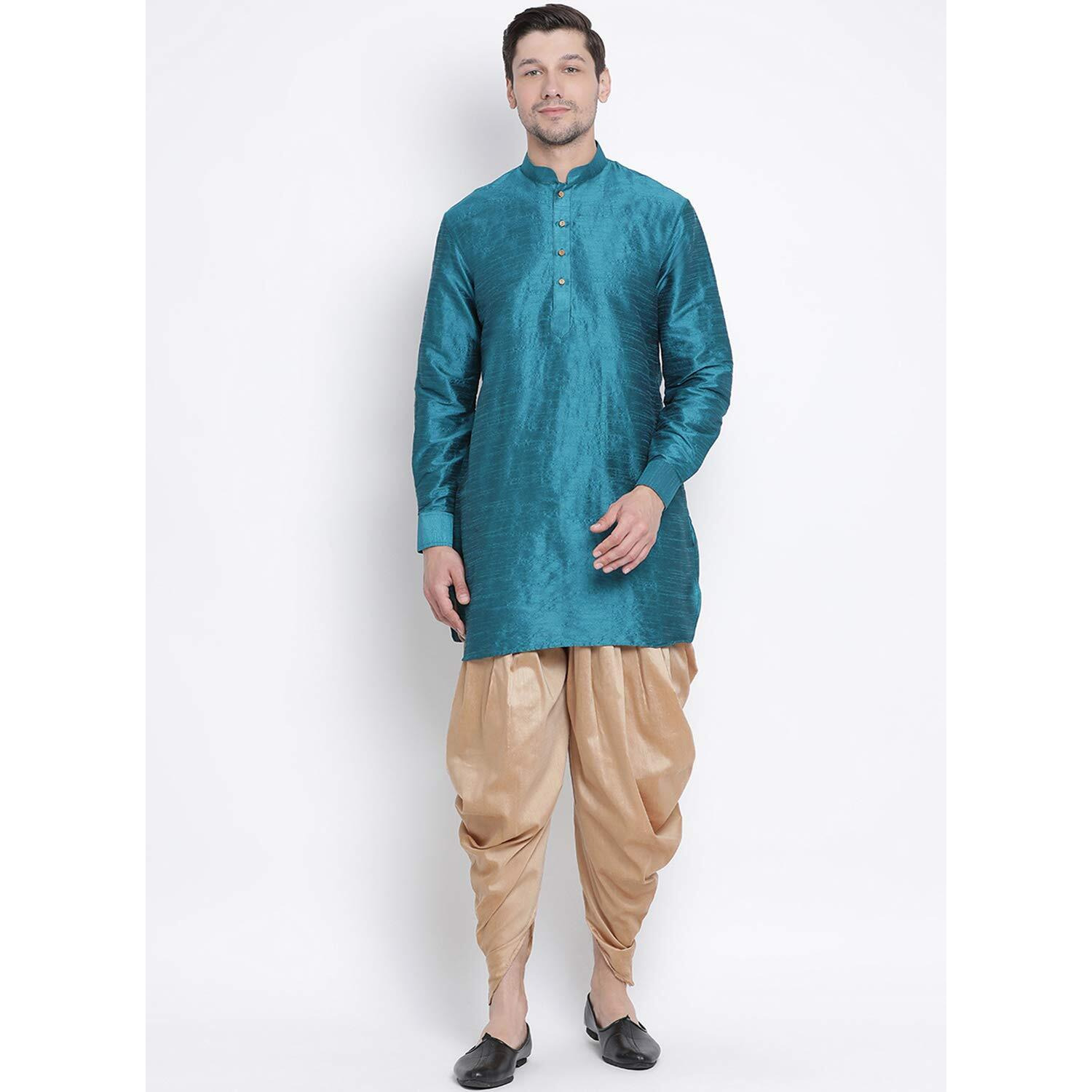 VASTRAMAY VM Mens Silk Blend Turquoise Kurta And Dhoti Set - Classic Ethnic Attire_VASMUK001TQnCDRG_38