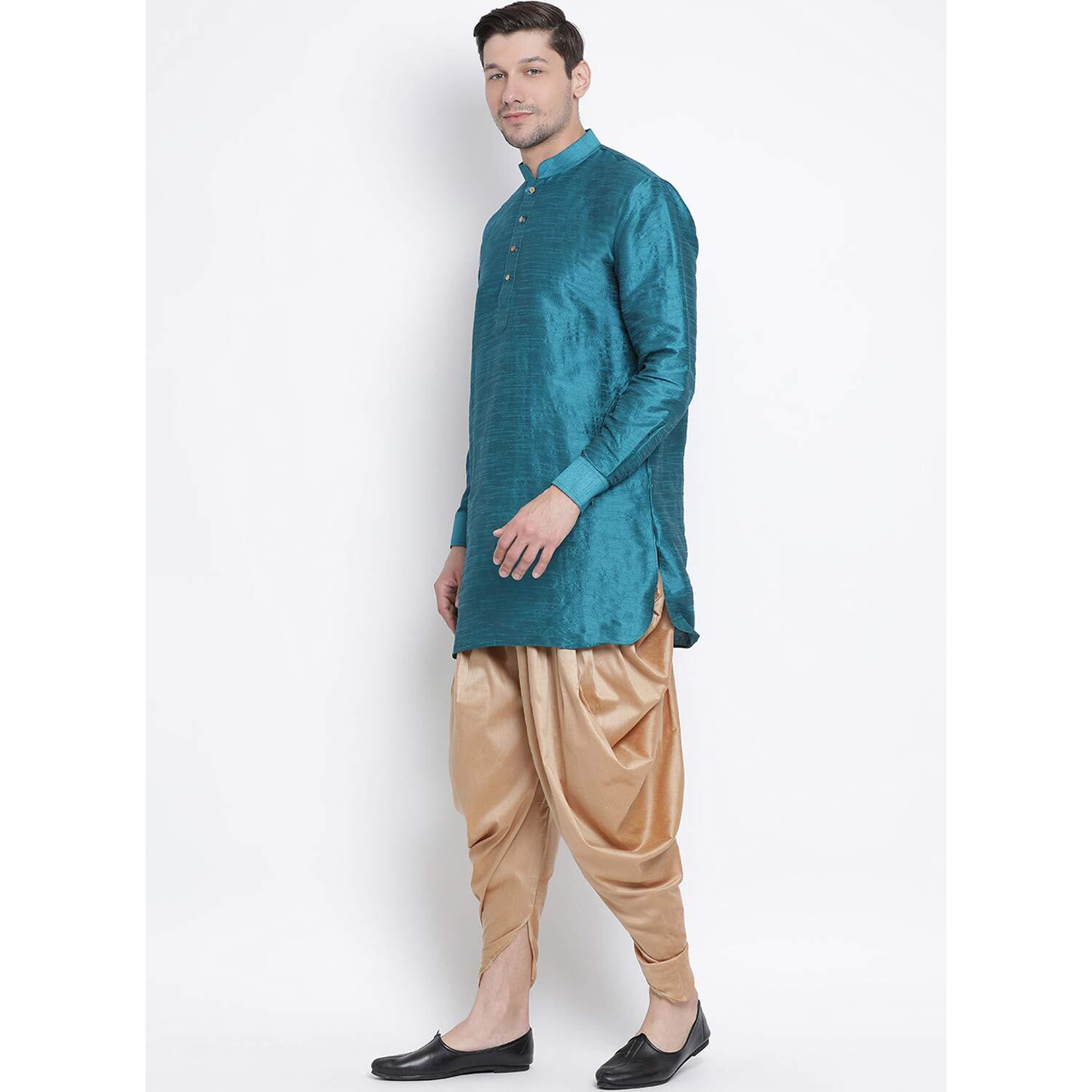 VASTRAMAY VM Mens Silk Blend Turquoise Kurta And Dhoti Set - Classic Ethnic Attire_VASMUK001TQnCDRG_38