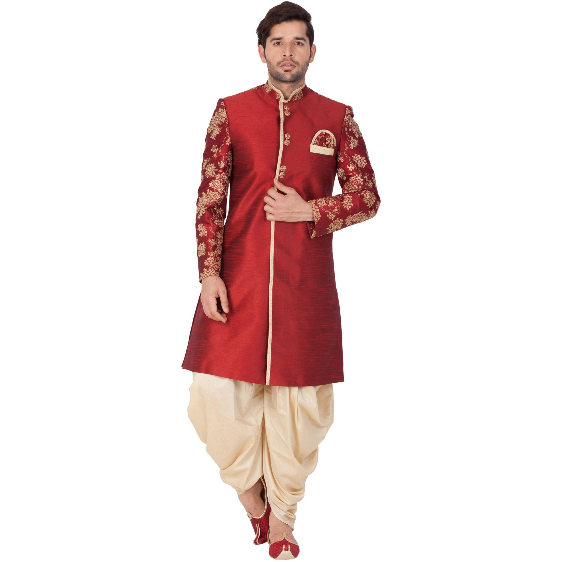 VASTRAMAY Men Silk Blend Sherwani Set (Maroon_VASMSW010nCDGO_46)