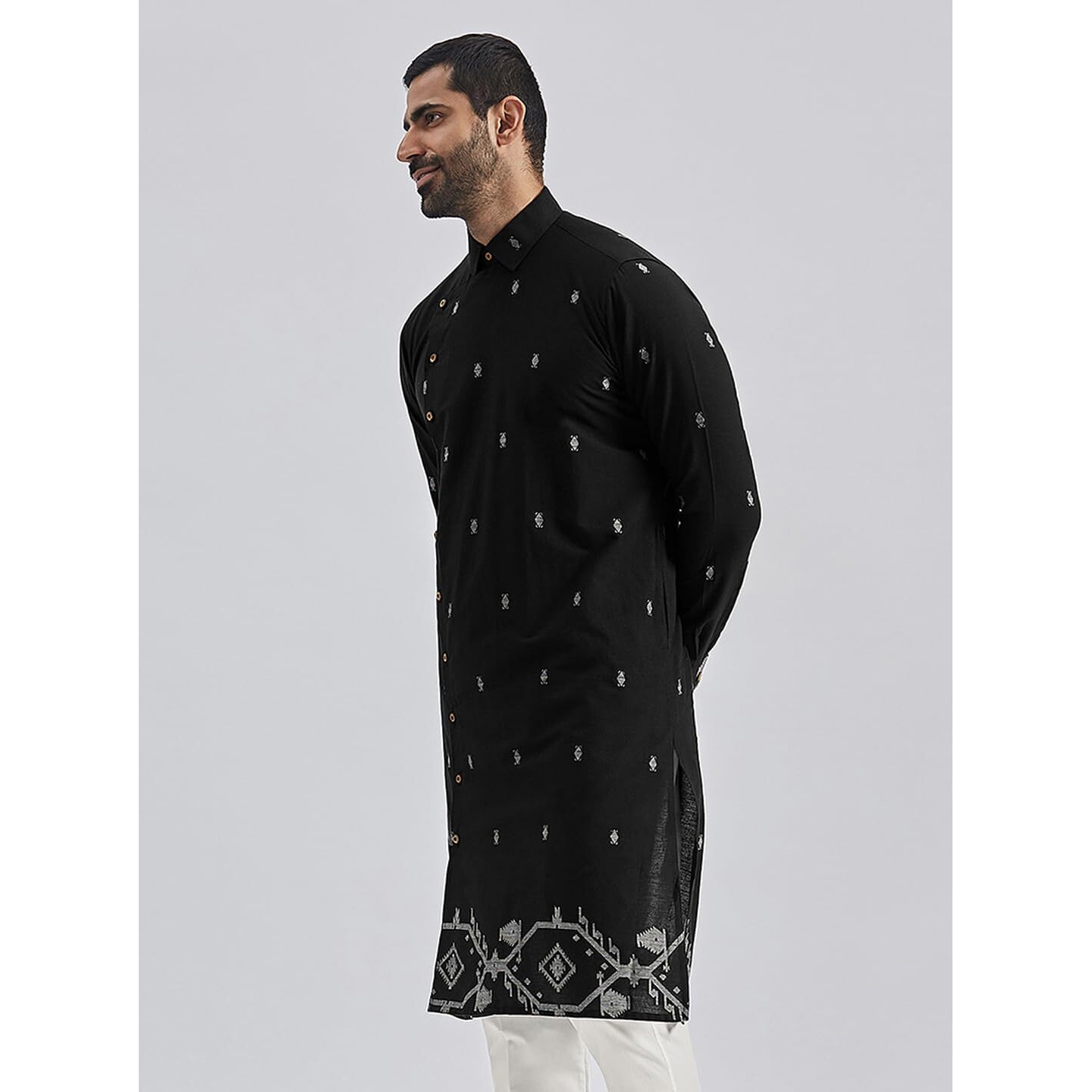 VASTRAMAY Men's Black Cotton Kurta - Cotton Jamdani Jacquard Kurta