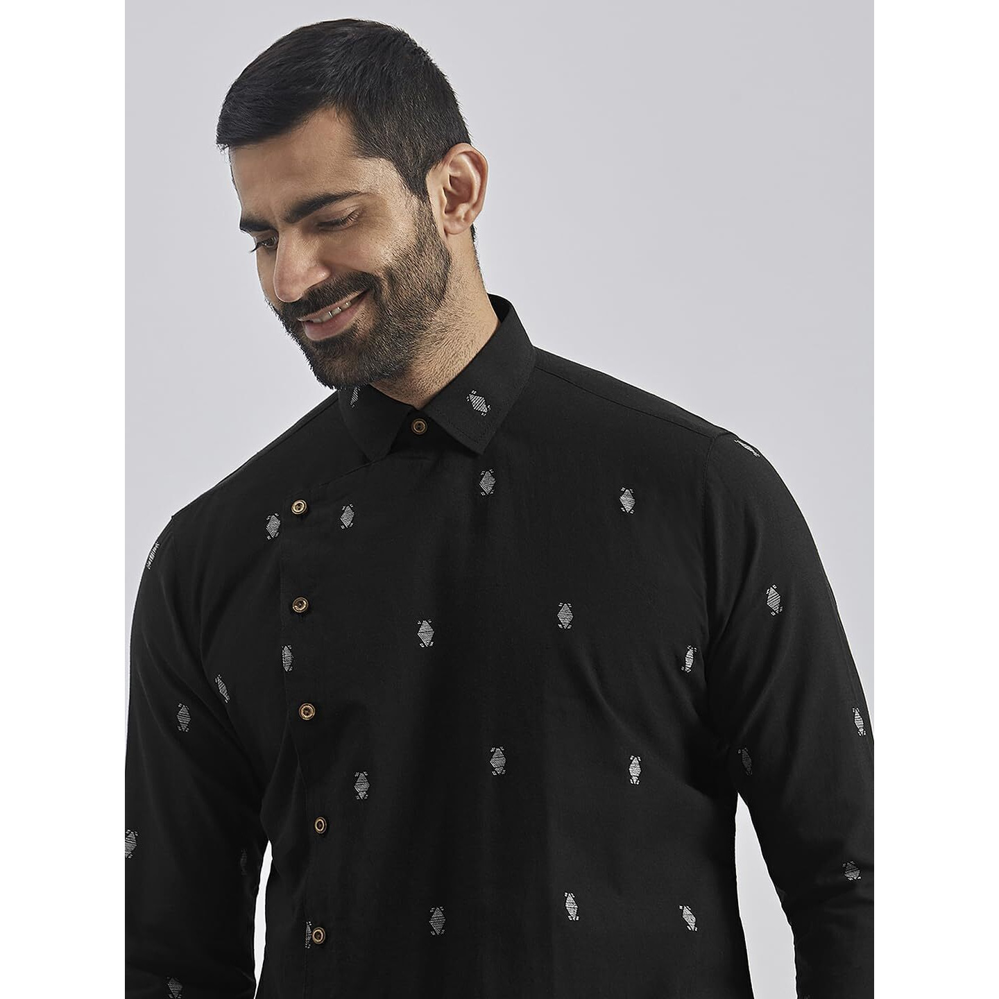 VASTRAMAY Men's Black Cotton Kurta - Cotton Jamdani Jacquard Kurta