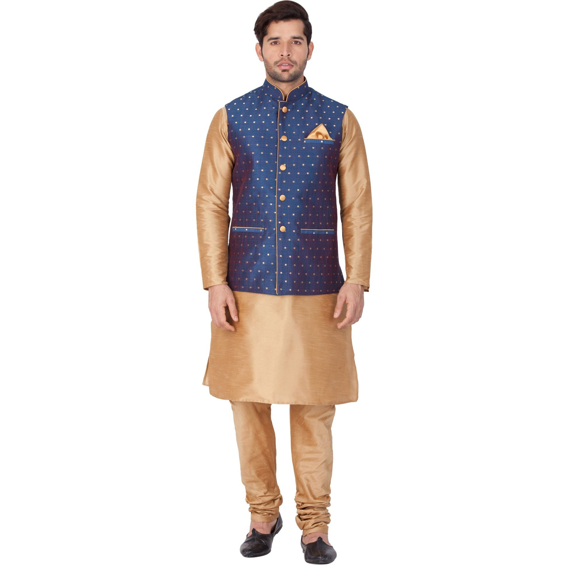 VASTRAMAY Men Cotton Silk Kurta Modi Jacket and Pyjama Set (Rose Gold_VASMJ009BUnKRG001nPRG_42)