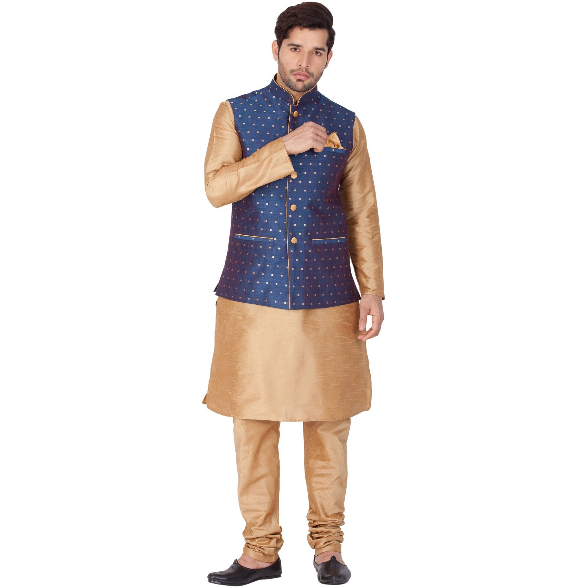 VASTRAMAY Men Cotton Silk Kurta Modi Jacket and Pyjama Set (Rose Gold_VASMJ009BUnKRG001nPRG_42)