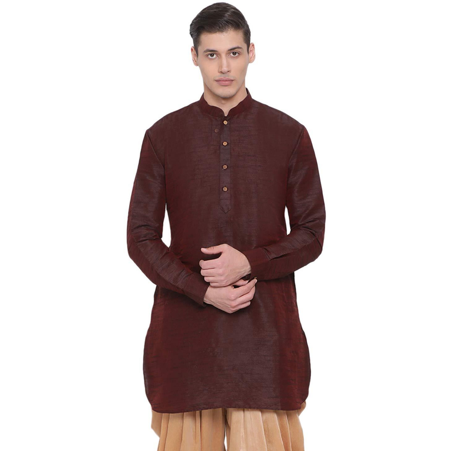 VASTRAMAY Men's Burgandy Silk Blend Mid Length Kurta_VASMUK001WN_38
