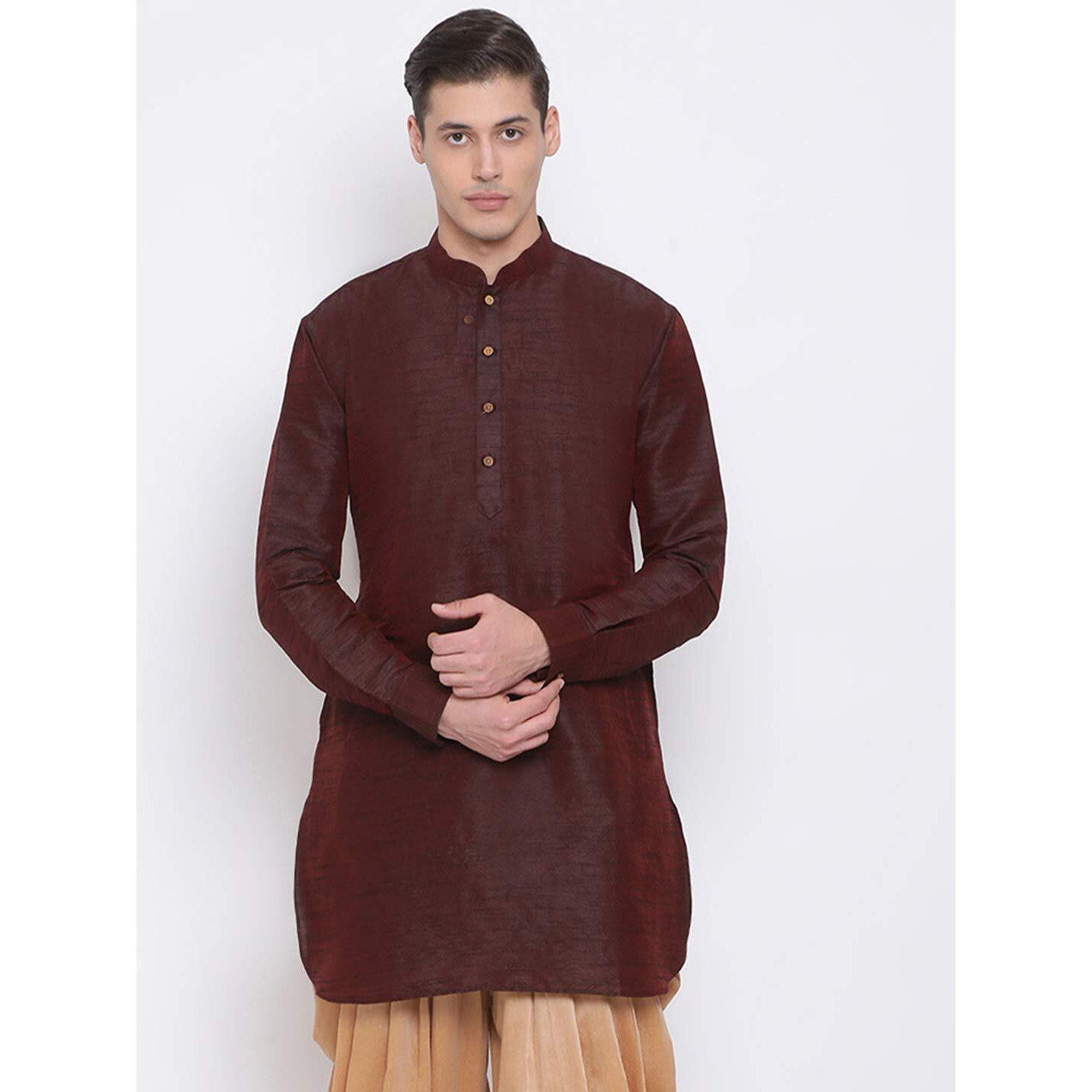 VASTRAMAY Men's Burgandy Silk Blend Mid Length Kurta_VASMUK001WN_38