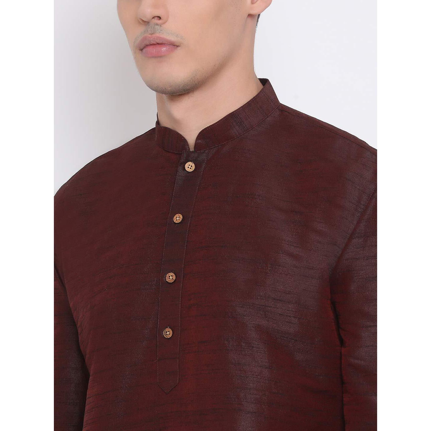 VASTRAMAY Men's Burgandy Silk Blend Mid Length Kurta_VASMUK001WN_38