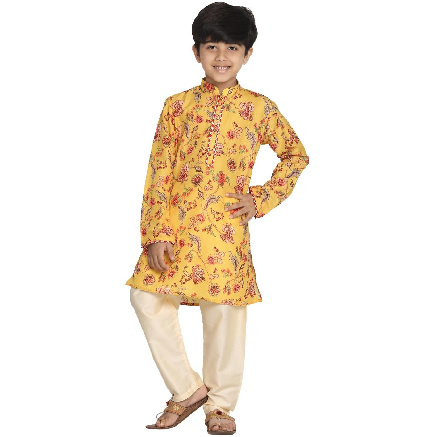 VASTRAMAY Boys' Multicolor-Base-Mustard And Cream Kurta Pyjama Set | Soft Muslin Cotton Floral Printed Kurta And Cream Pyjama for Navratri, Diwali & Festive Celebrations - Stylish and Comfortable