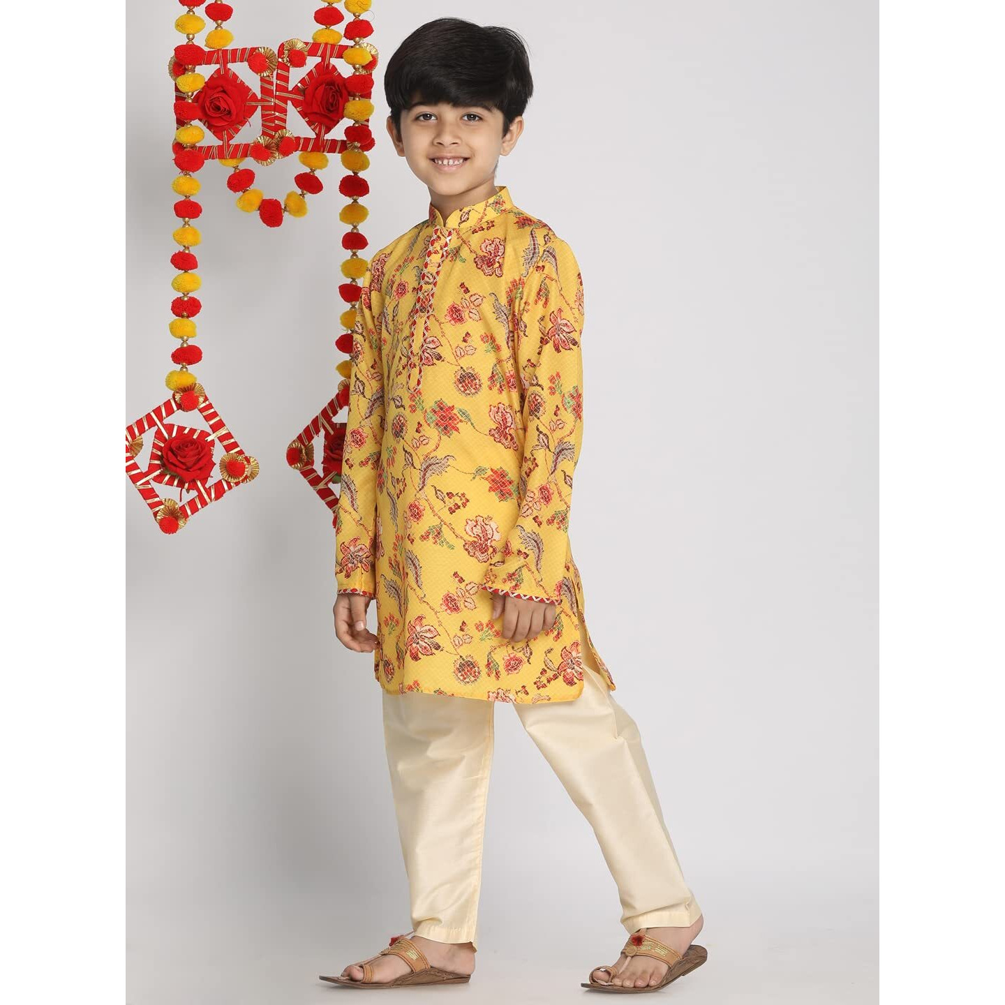VASTRAMAY Boys' Multicolor-Base-Mustard And Cream Kurta Pyjama Set | Soft Muslin Cotton Floral Printed Kurta And Cream Pyjama for Navratri, Diwali & Festive Celebrations - Stylish and Comfortable