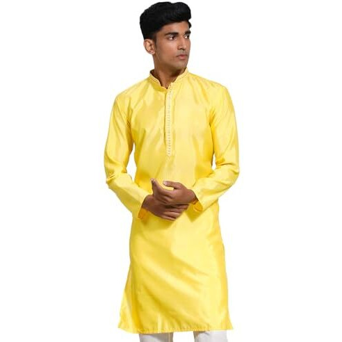 VASTRAMAY Men's Yellow Blend Kurta I Jacquard Embroidery Knee Length Kurta I Fastive Party Wedding Traditions Kurta_VASMK278YW_38