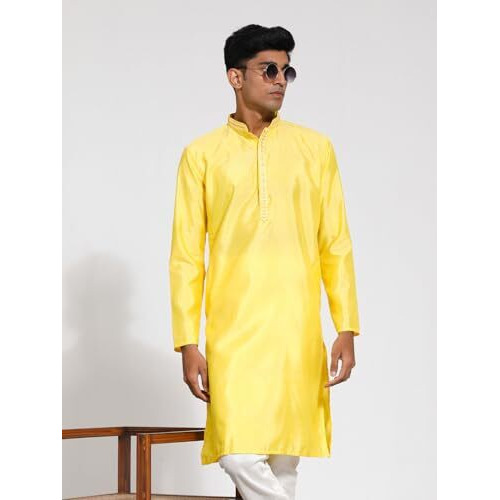 VASTRAMAY Men's Yellow Blend Kurta I Jacquard Embroidery Knee Length Kurta I Fastive Party Wedding Traditions Kurta_VASMK278YW_38