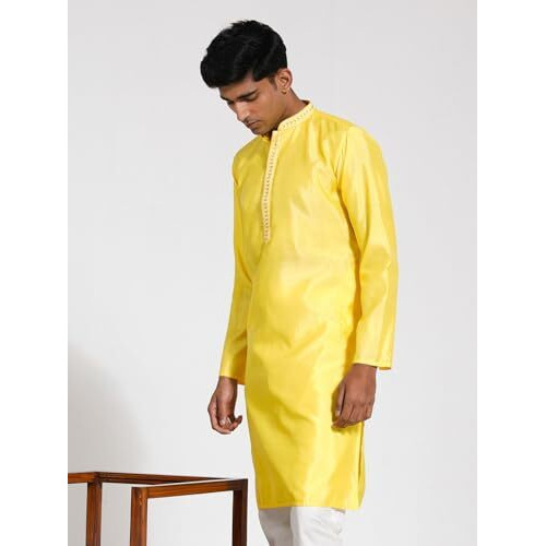 VASTRAMAY Men's Yellow Blend Kurta I Jacquard Embroidery Knee Length Kurta I Fastive Party Wedding Traditions Kurta_VASMK278YW_38