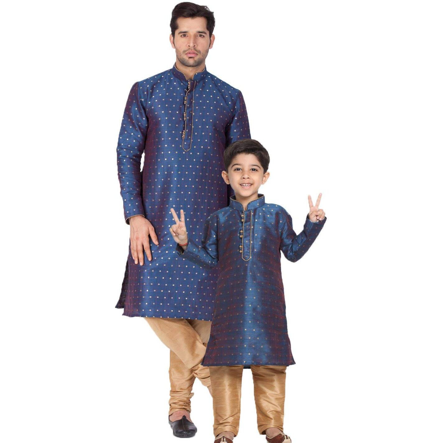 VASTRAMAY Cotton Silk Blend Regular Kurta Set (VASBBK023BUnPRG_42/34_Deep Blue_Man Boy-(11-12 Years))