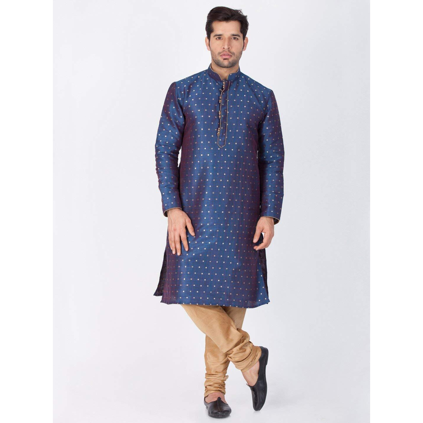 VASTRAMAY Cotton Silk Blend Regular Kurta Set (VASBBK023BUnPRG_42/34_Deep Blue_Man Boy-(11-12 Years))