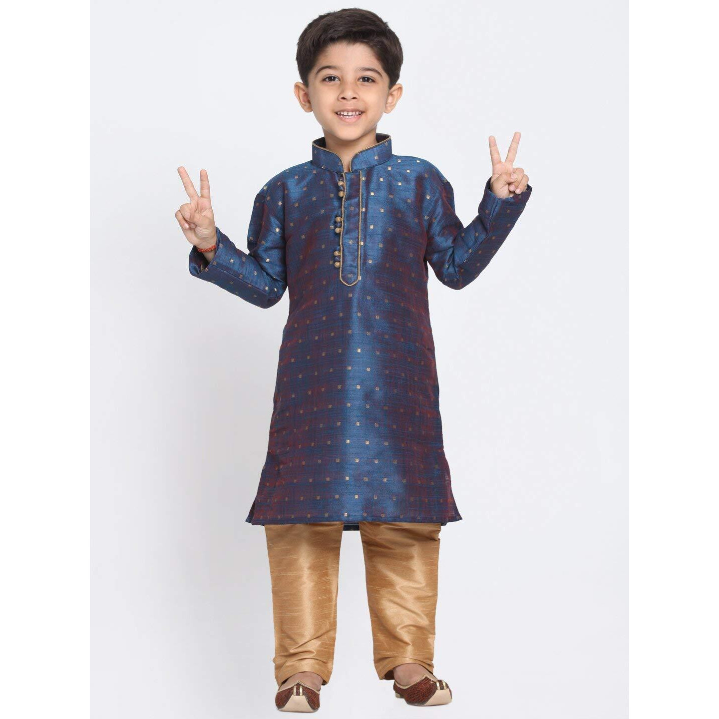 VASTRAMAY Cotton Silk Blend Regular Kurta Set (VASBBK023BUnPRG_42/34_Deep Blue_Man Boy-(11-12 Years))