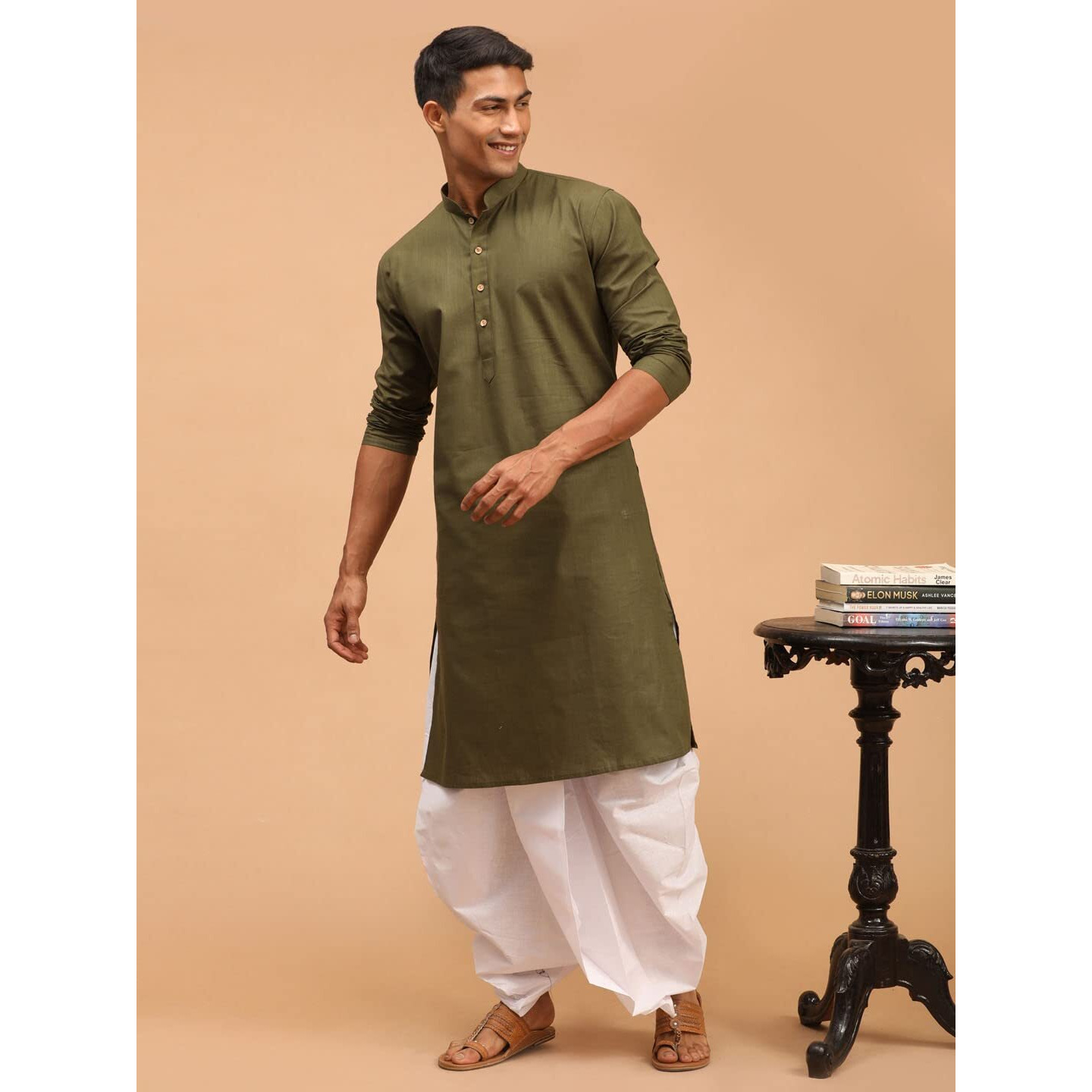 VASTRAMAY Men's Mehandi Green and White Cotton Blend Kurta And Dhoti Set-VASMK007MInDT015WH_42
