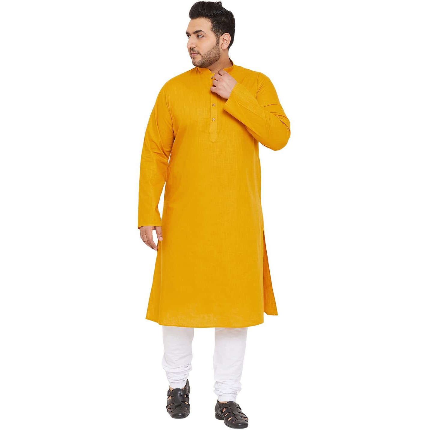 VASTRAMAY Plus Mens Cotton Blend Mustard And White Kurta Pyjama Set - Classic Ethnic Attire for Timeless Style | Soft Comfortable Plain Solid Kurta and Churidar Pyjama Set_VPLUSMK007MDnPCWH_44
