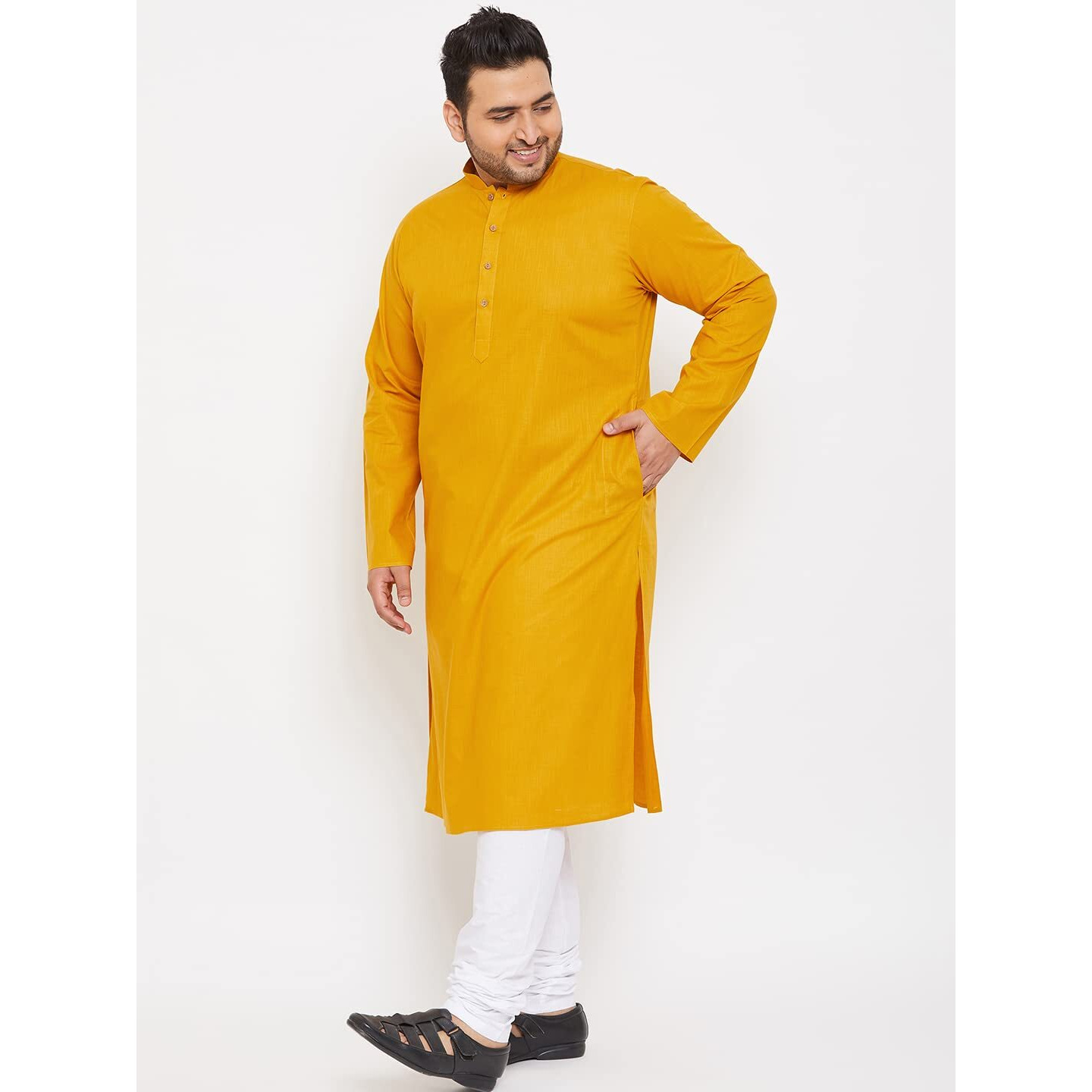 VASTRAMAY Plus Mens Cotton Blend Mustard And White Kurta Pyjama Set - Classic Ethnic Attire for Timeless Style | Soft Comfortable Plain Solid Kurta and Churidar Pyjama Set_VPLUSMK007MDnPCWH_44