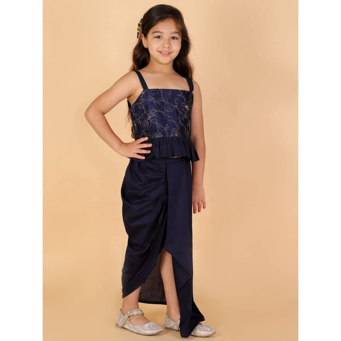 VASTRAMAY Girls' Navy Blue Lehenga Set (VASGLC003NB_Size_26_Navy Blue)