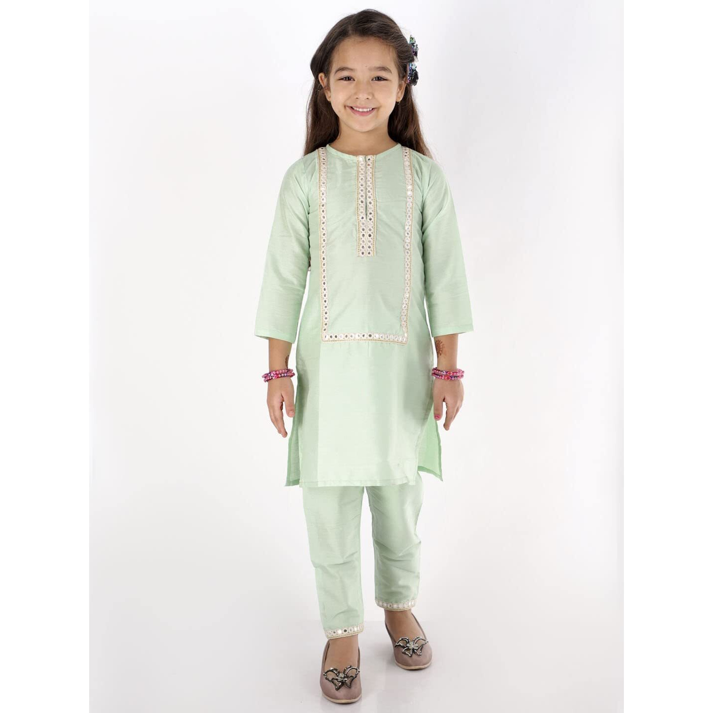 VASTRAMAY Girls' Mirror Work Viscose Kurta And Pant Set | Viscose Fabric Mirror Work Kurta And Pant Set - Traditional Design - Ideal for Weddings, Festivals, and Special Occasions