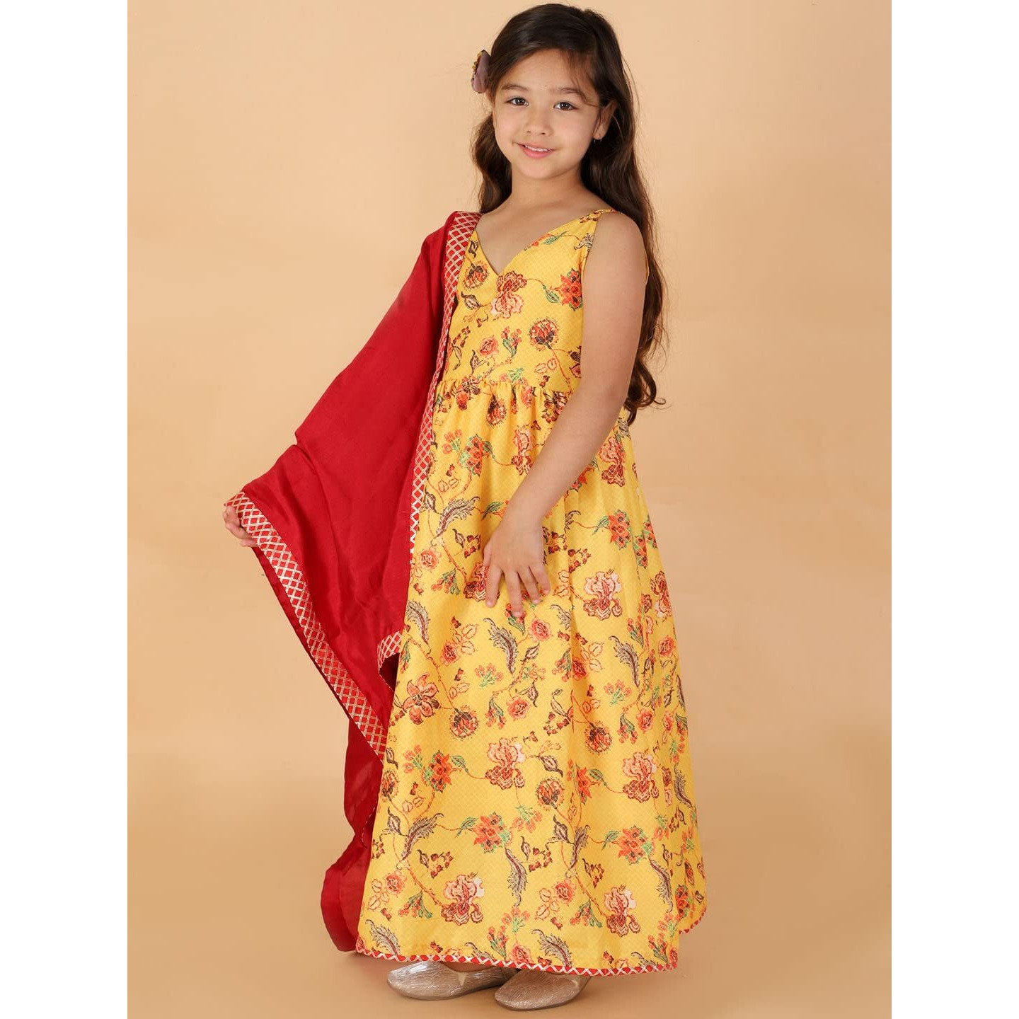 VASTRAMAY Girls' Yellow And Red Anarkali And Dupatta Set_VASGAK108YWnD_28