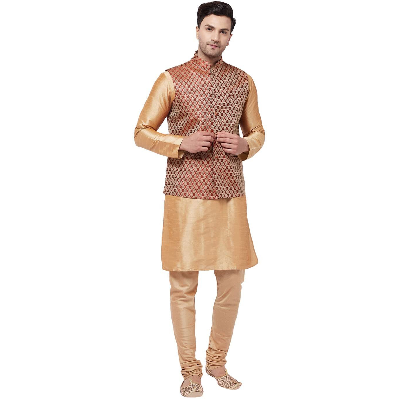 VASTRAMAY Men's Rose Gold Silk Blend Jacket, Kurta and Pyjama Set-VASMJMA005nMKRG001nPRG_42