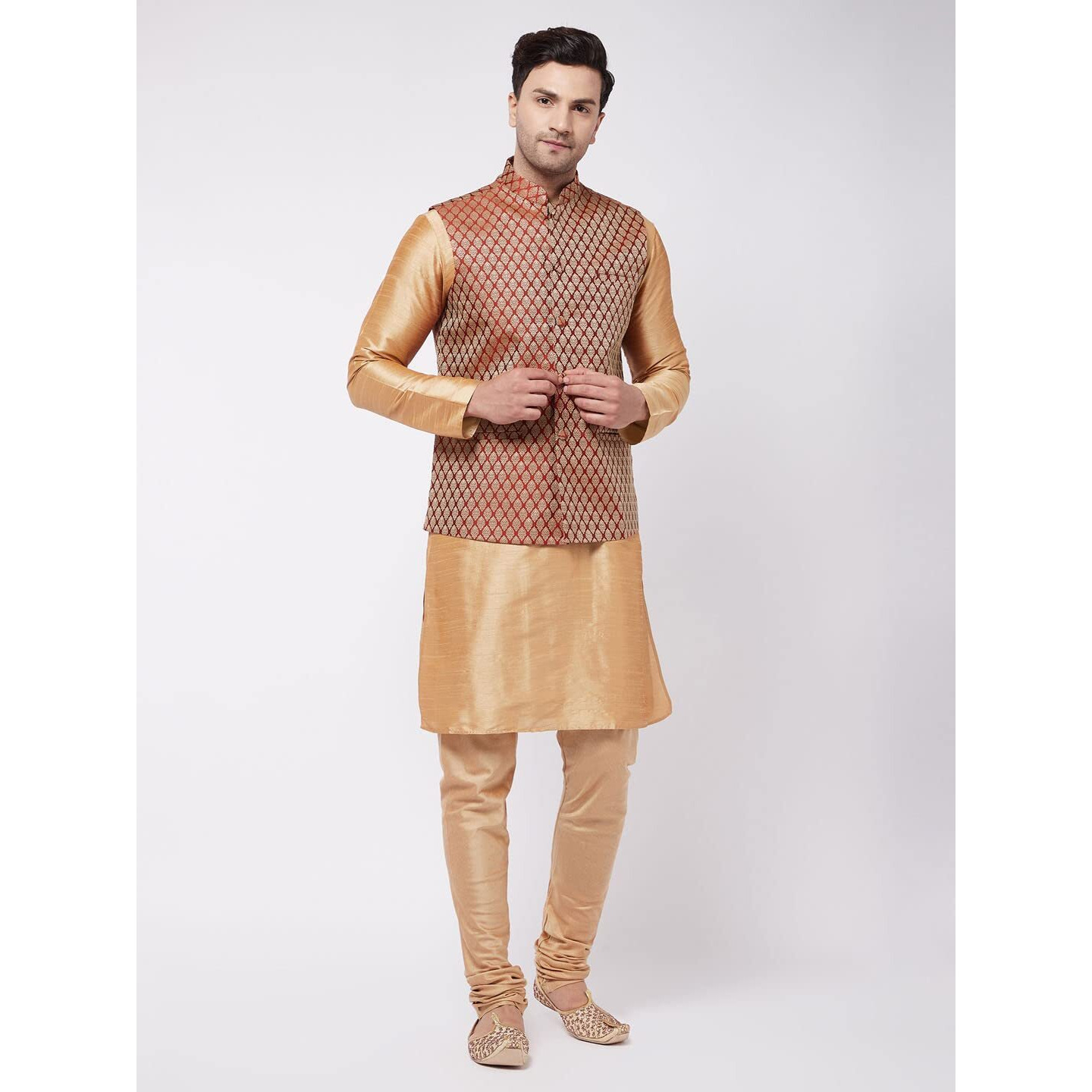 VASTRAMAY Men's Rose Gold Silk Blend Jacket, Kurta and Pyjama Set-VASMJMA005nMKRG001nPRG_42