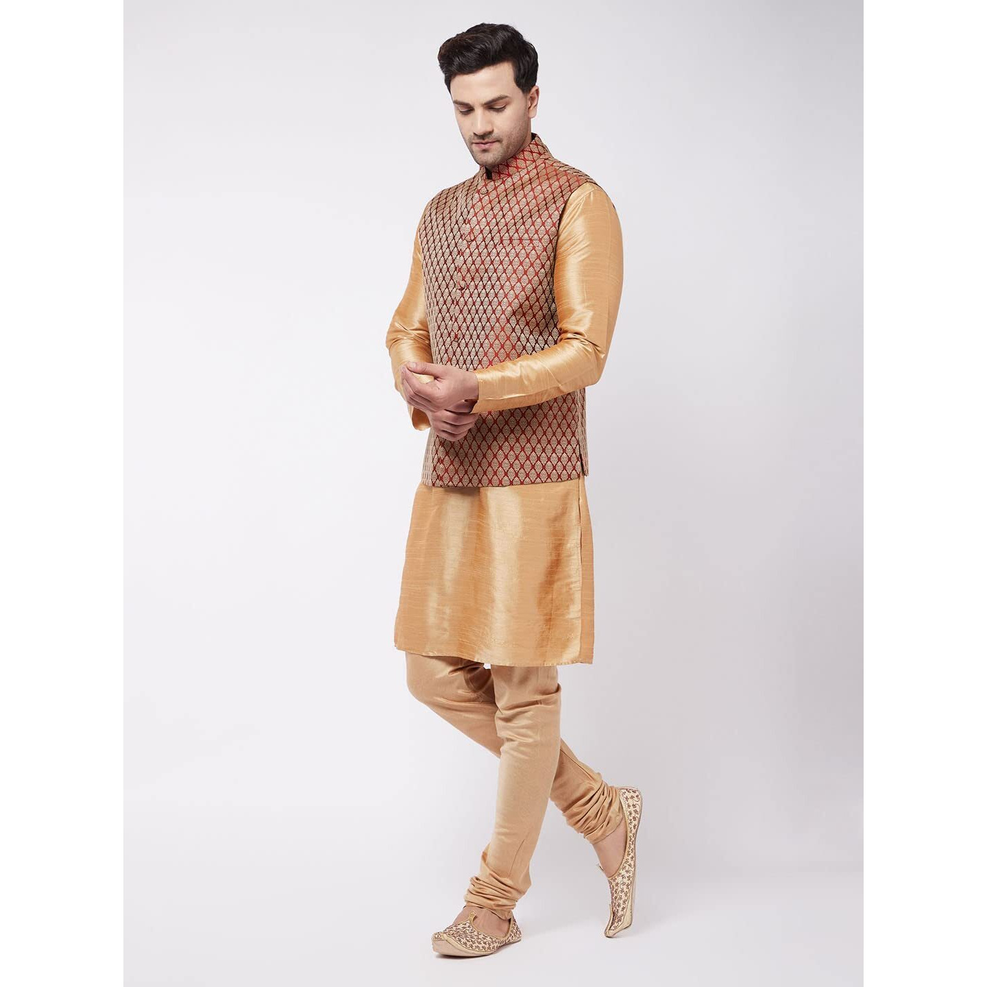 VASTRAMAY Men's Rose Gold Silk Blend Jacket, Kurta and Pyjama Set-VASMJMA005nMKRG001nPRG_42