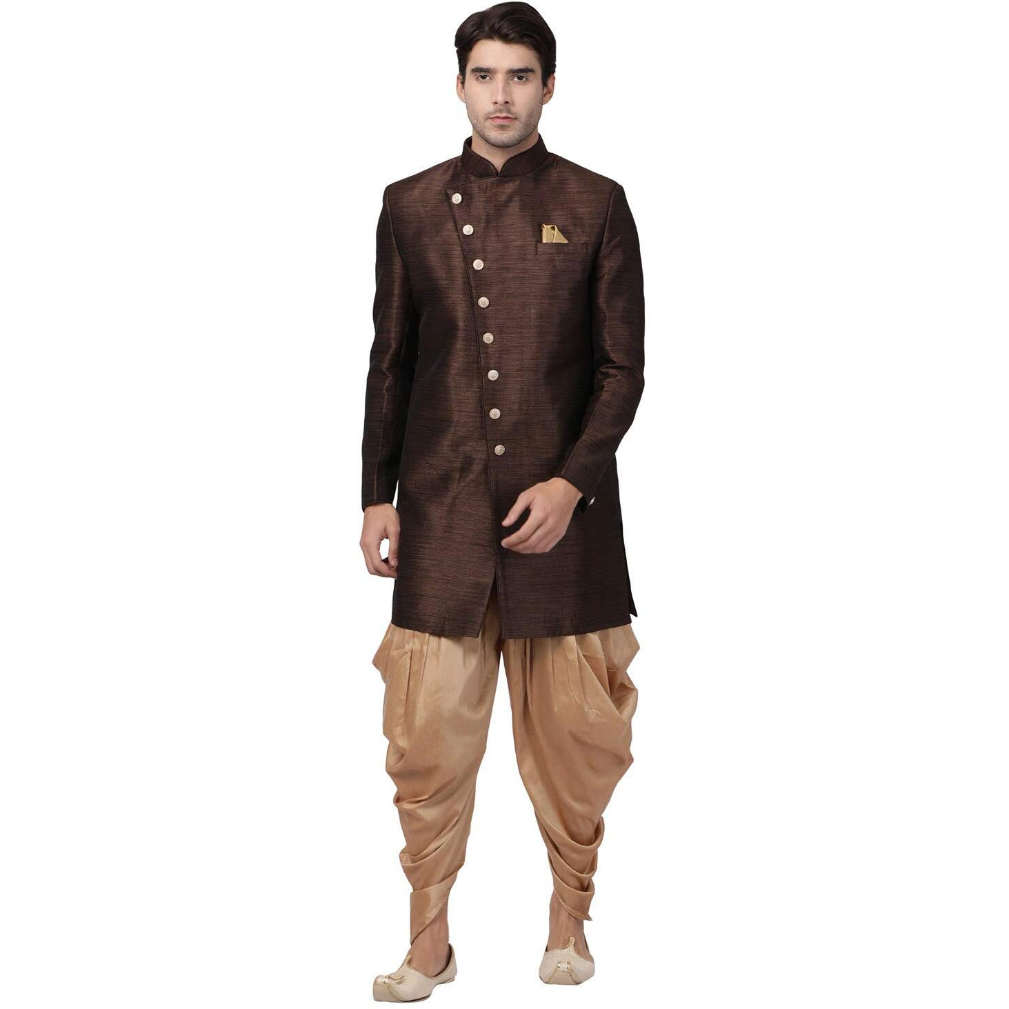 VASTRAMAY Men's Coffee Silk Blend Sherwani Set_VASMIW005COnCDRG_42