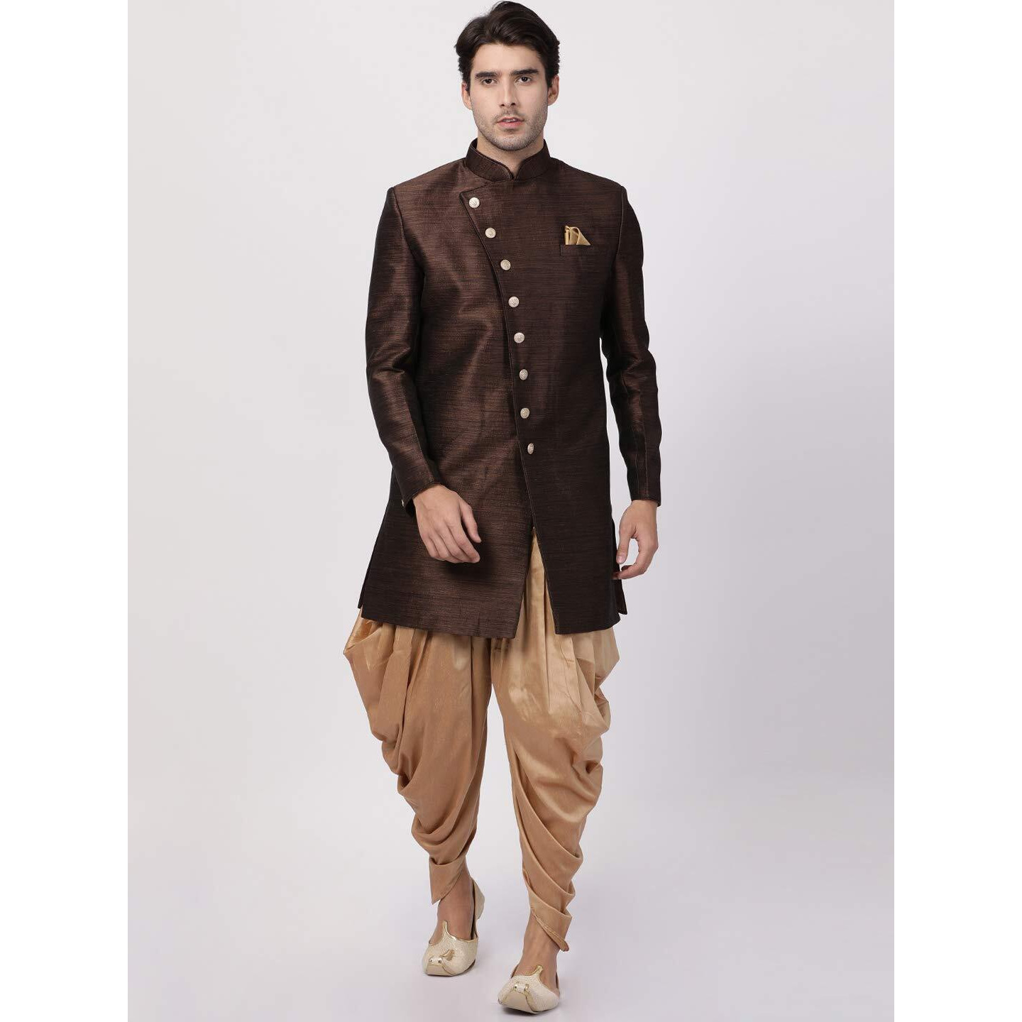 VASTRAMAY Men's Coffee Silk Blend Sherwani Set_VASMIW005COnCDRG_42