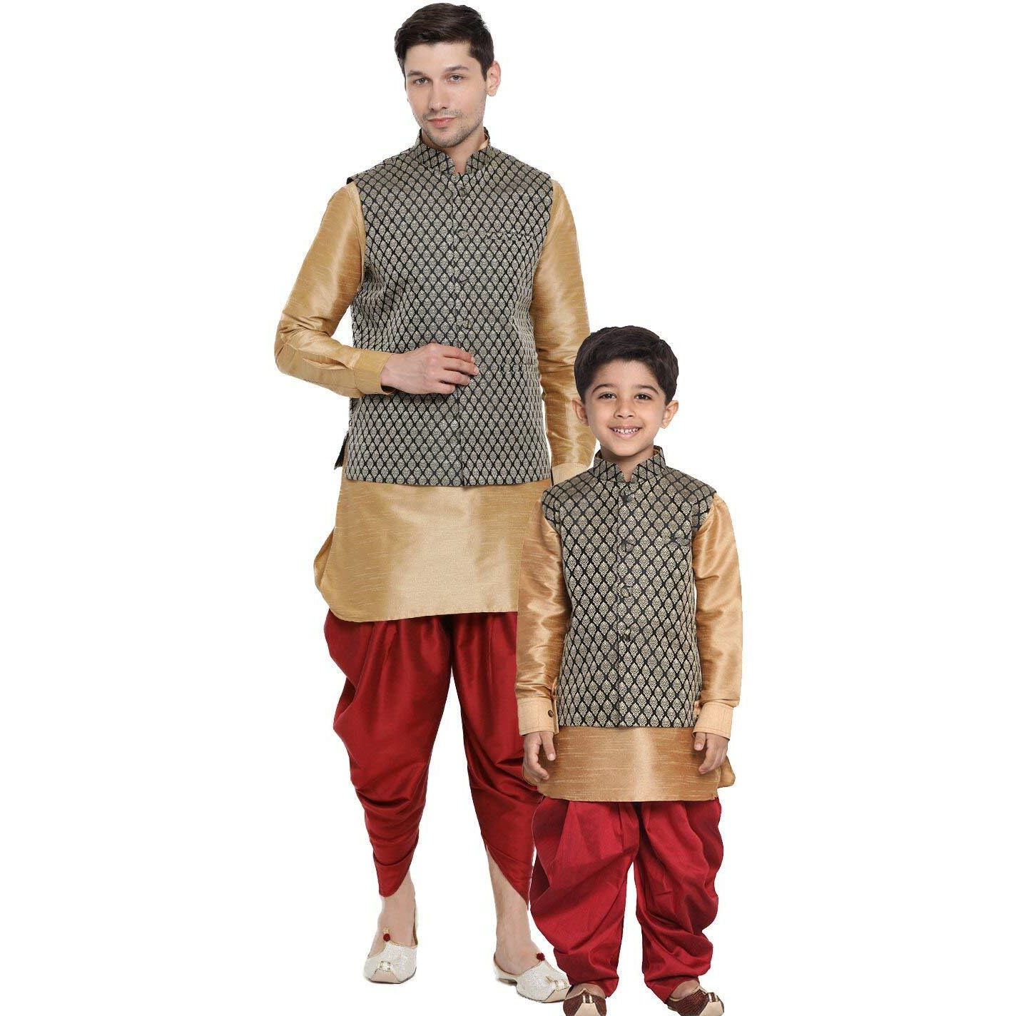 VASTRAMAY Cotton Silk Blend Regular Kurta Set (VASBBJ005BLnUK001RGnCDMA_42/16_Gold_Man Boy-(12-18 Months))