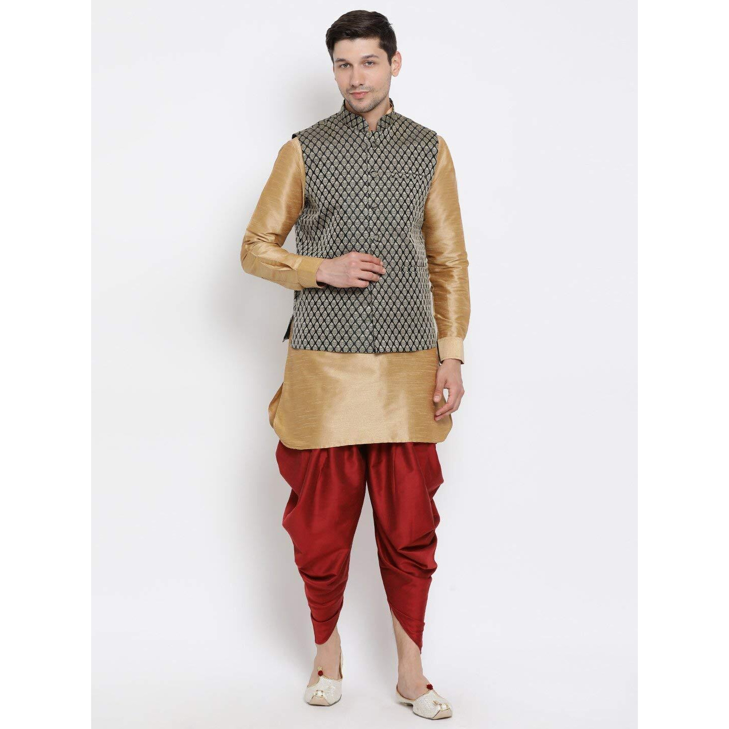 VASTRAMAY Cotton Silk Blend Regular Kurta Set (VASBBJ005BLnUK001RGnCDMA_42/16_Gold_Man Boy-(12-18 Months))