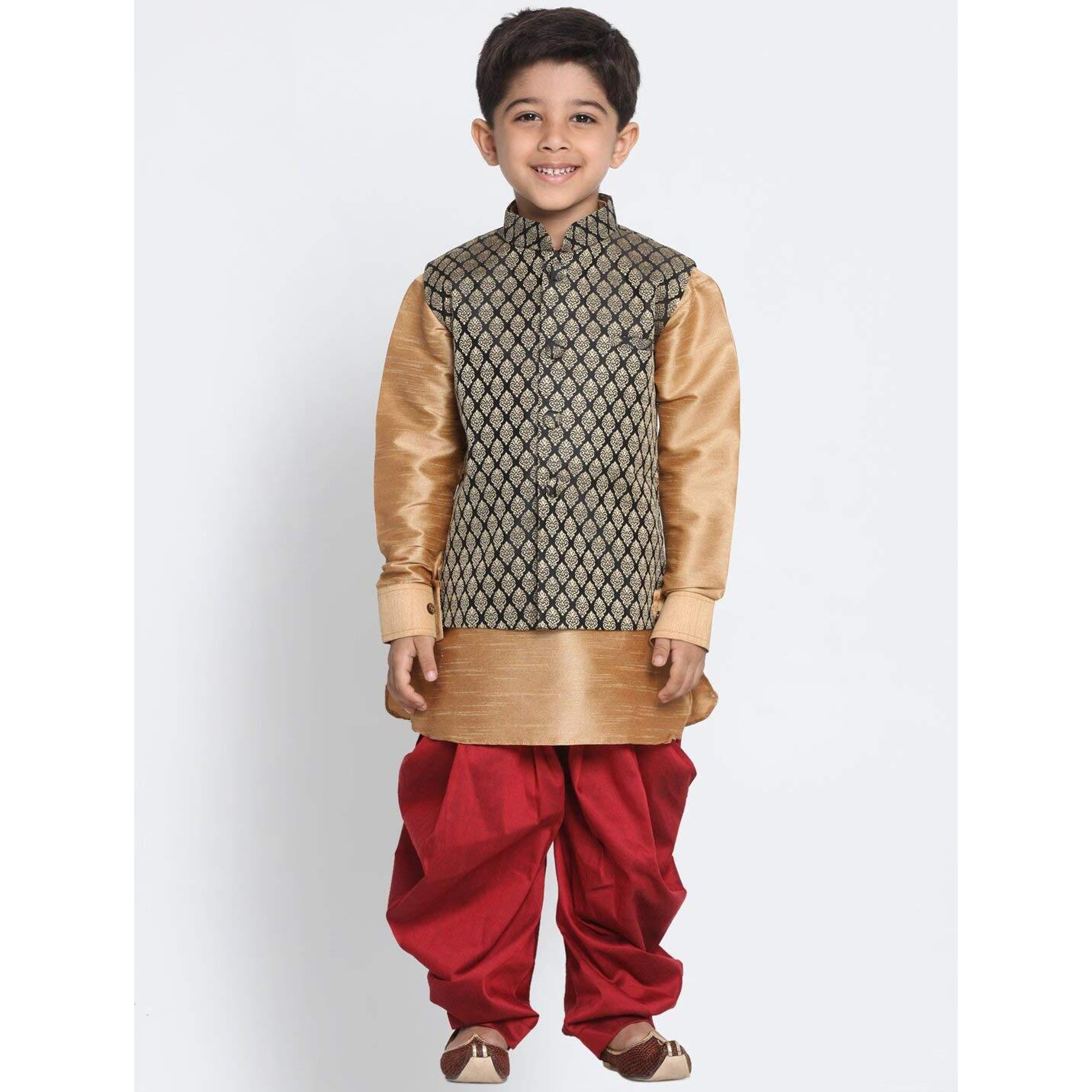 VASTRAMAY Cotton Silk Blend Regular Kurta Set (VASBBJ005BLnUK001RGnCDMA_42/16_Gold_Man Boy-(12-18 Months))